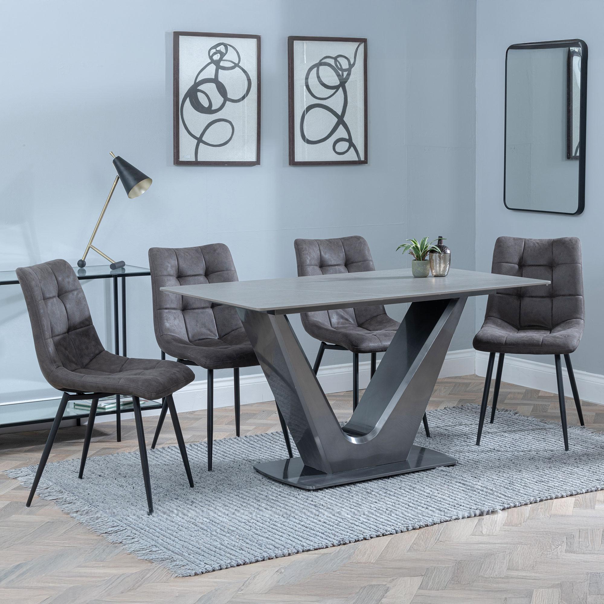 Camilla Dining Set - 4 Seater - 140cm - Grey Ceramic - 4x Corona Dining Chairs - Grey Fabric