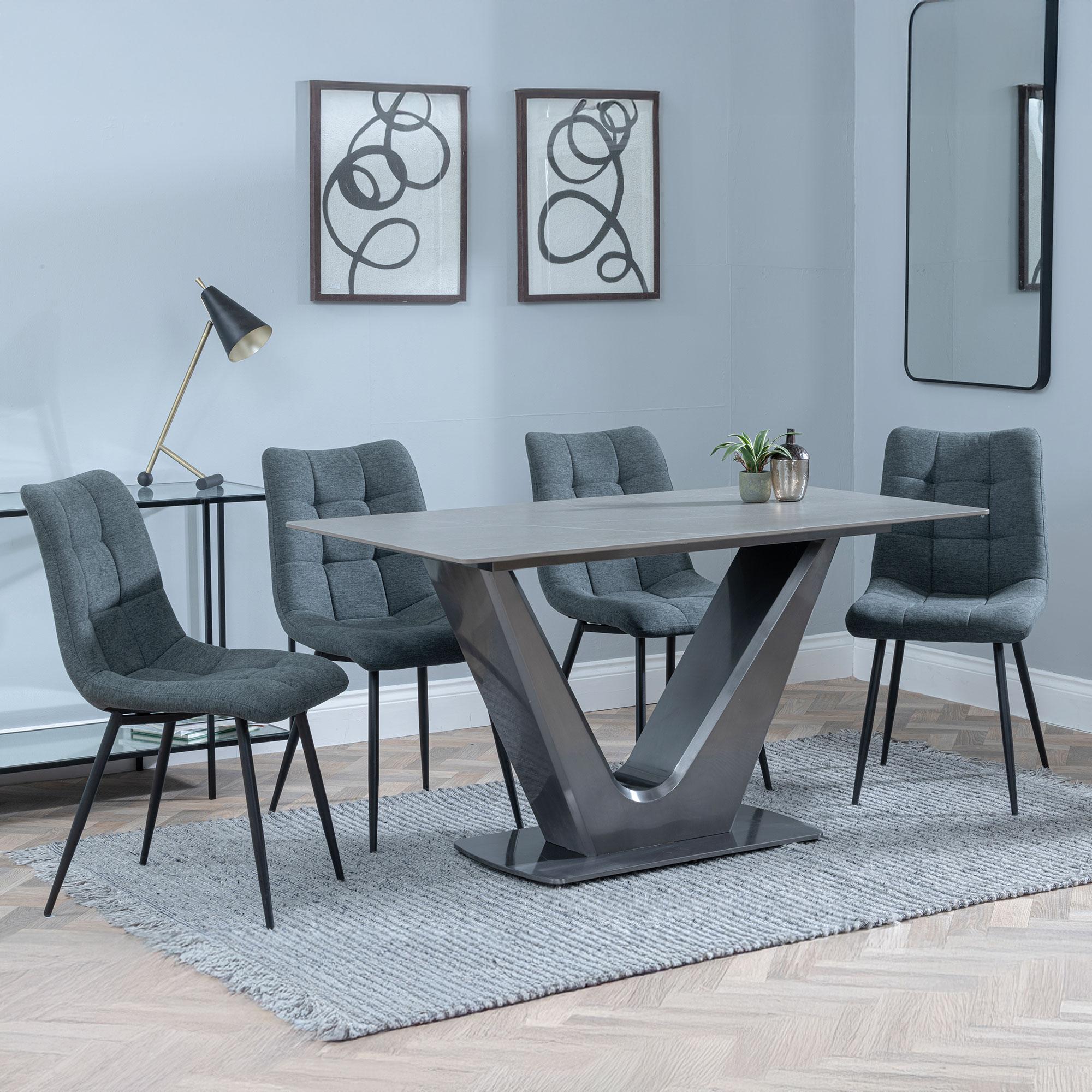Camilla Dining Set - 4 Seater - 140cm - Grey Ceramic - 4x Corona Dining Chairs - Light Grey Fabric