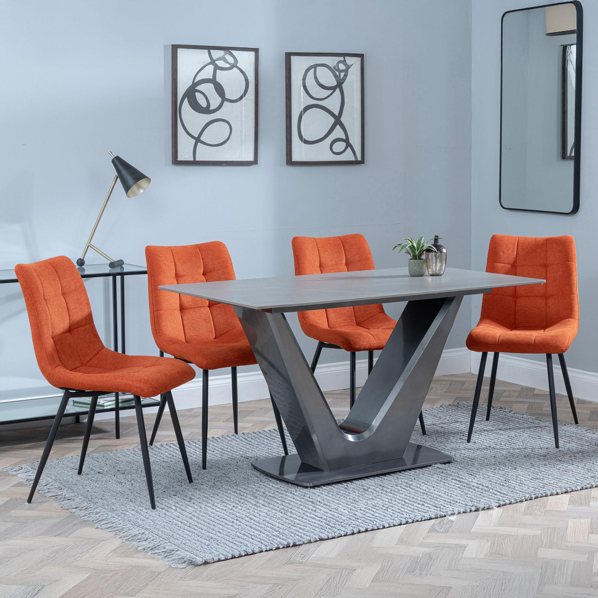 Camilla Dining Set - 4 Seater - 140cm - Grey Ceramic - 4x Corona Dining Chairs - Orange Fabric