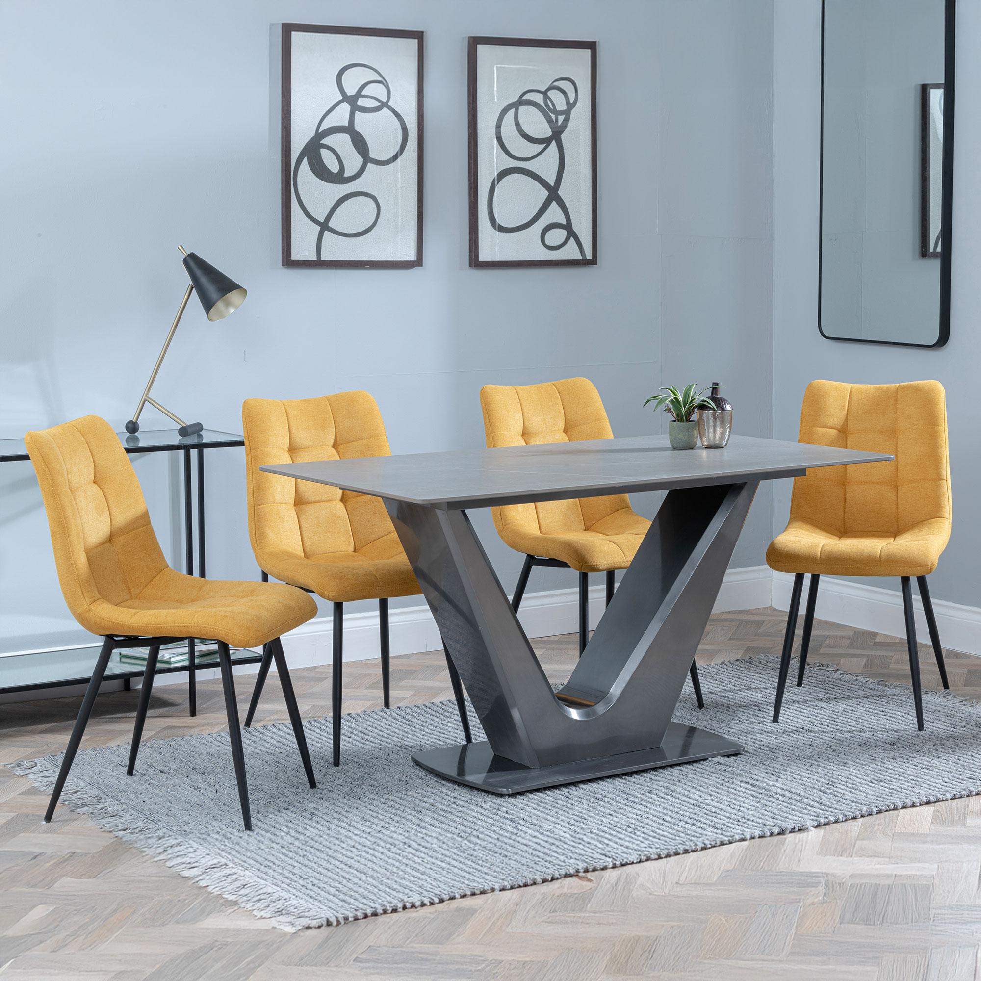Camilla Dining Set - 4 Seater - 140cm - Grey Ceramic - 4x Corona Dining Chairs - Yellow Fabric