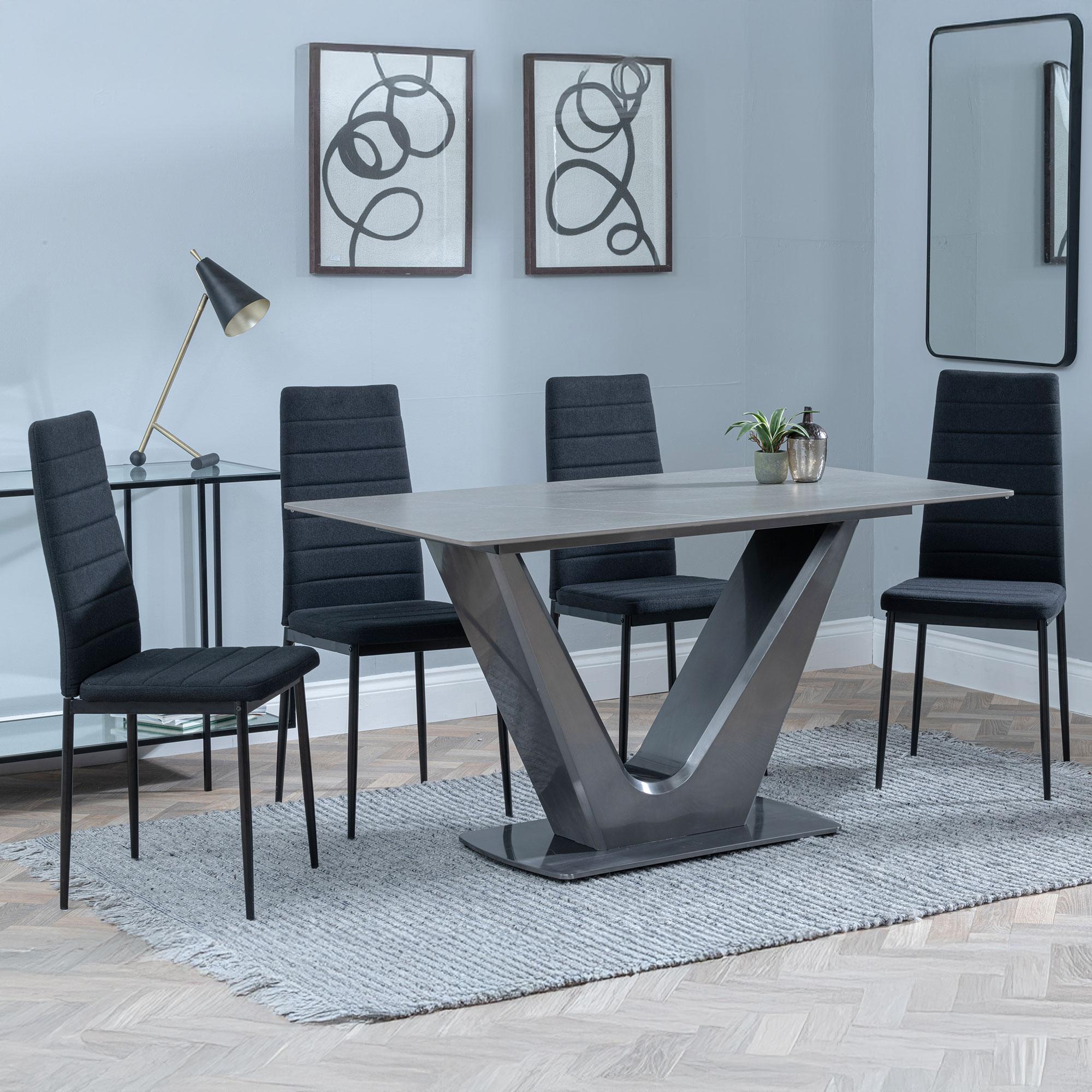Camilla Dining Set - 4 Seater - 140cm - Grey Ceramic - 4x Lido Dining Chairs - Black Fabric - Black Legs