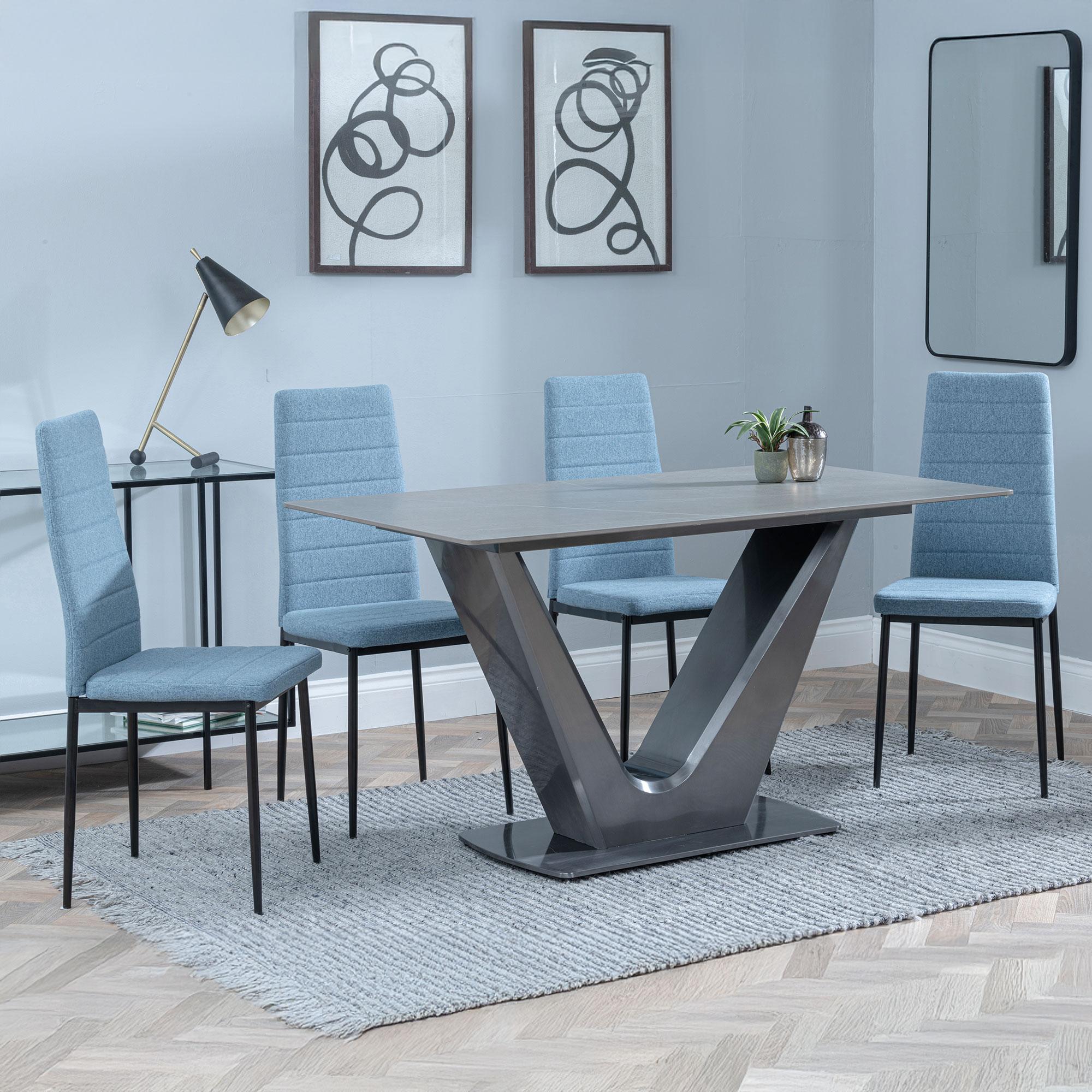 Camilla Dining Set - 4 Seater - 140cm - Grey Ceramic - 4x Lido Dining Chairs - Blue Fabric - Black Legs