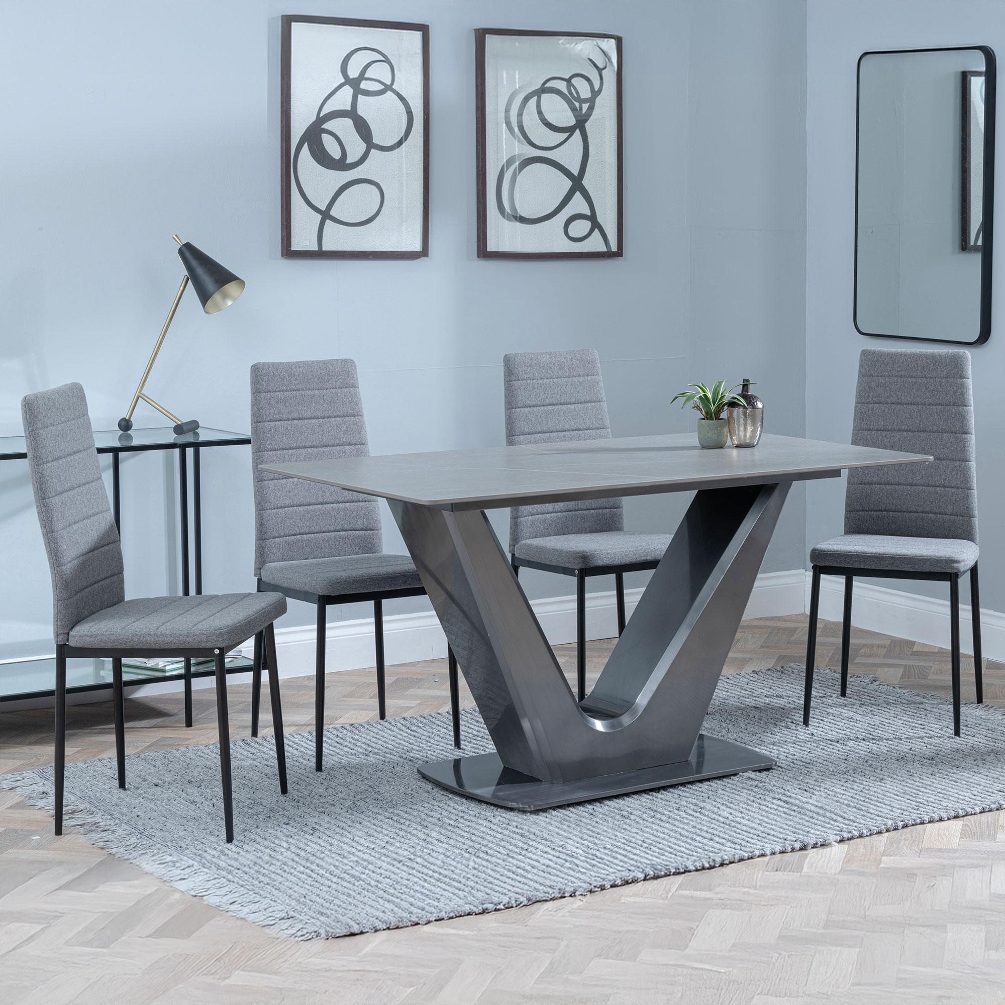 Camilla Dining Set - 4 Seater - 140cm - Grey Ceramic - 4x Lido Dining Chairs - Dark Grey Fabric - Black Legs