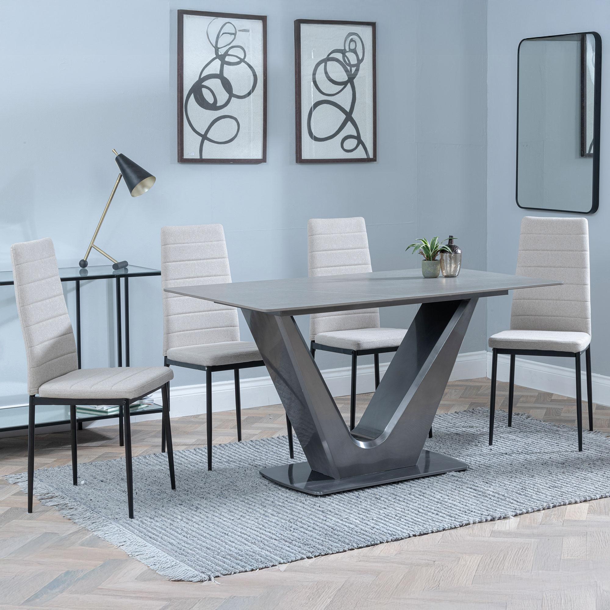 Camilla Dining Set - 4 Seater - 140cm - Grey Ceramic - 4x Lido Dining Chairs - Sand Fabric - Black Legs