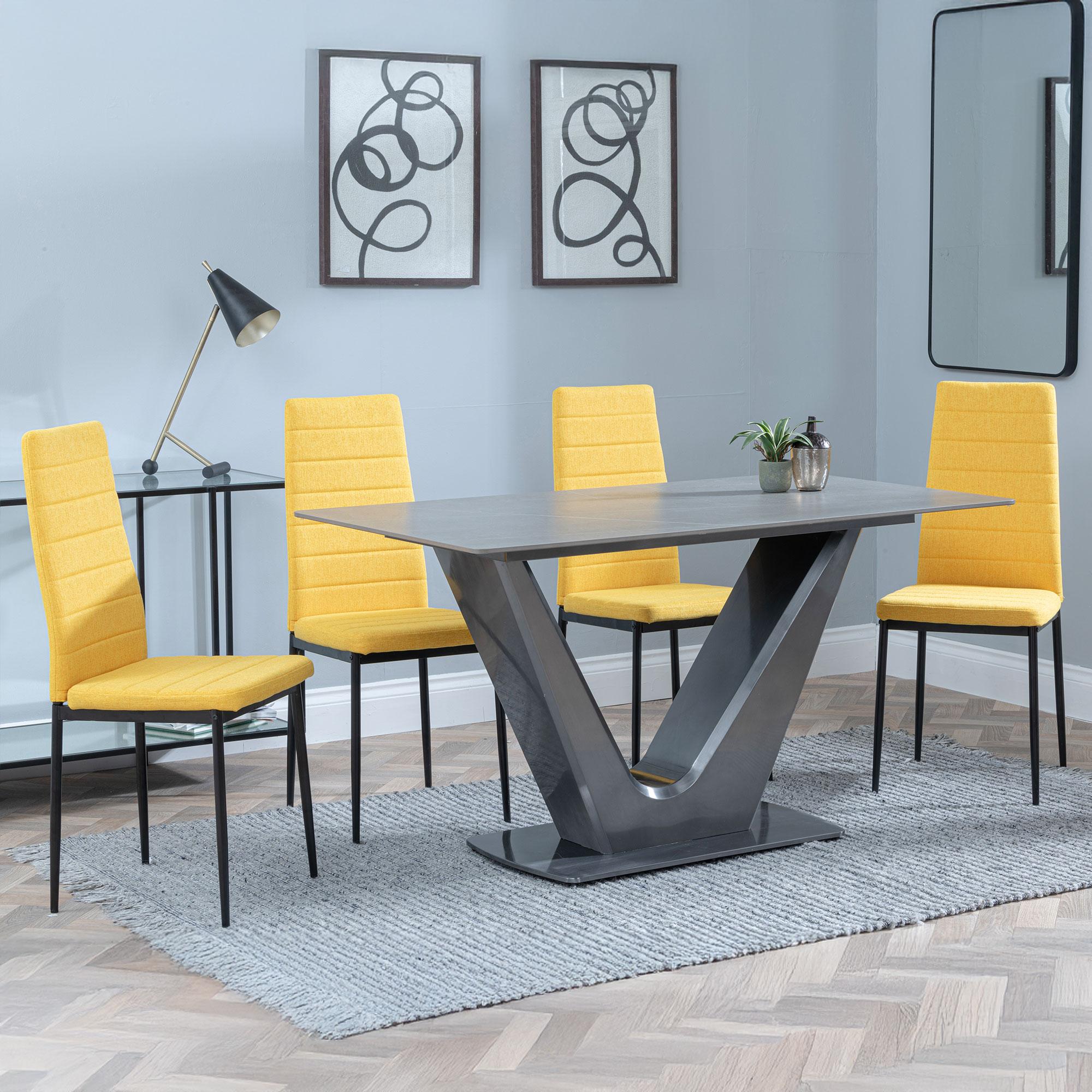 Camilla Dining Set - 4 Seater - 140cm - Grey Ceramic - 4x Lido Dining Chairs - Yellow Fabric - Black Legs