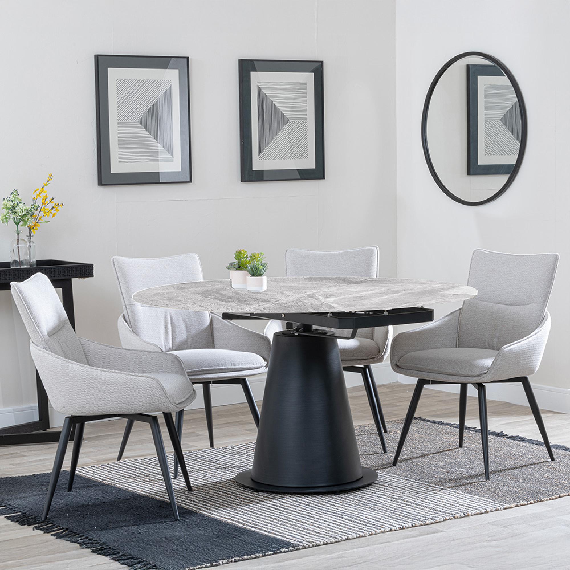 Carrara Dining Set - 4 Seater - 135cm - Round - Grey Ceramic - Extending - 4x Ace Swivel Dining Chairs - Beige Fabric