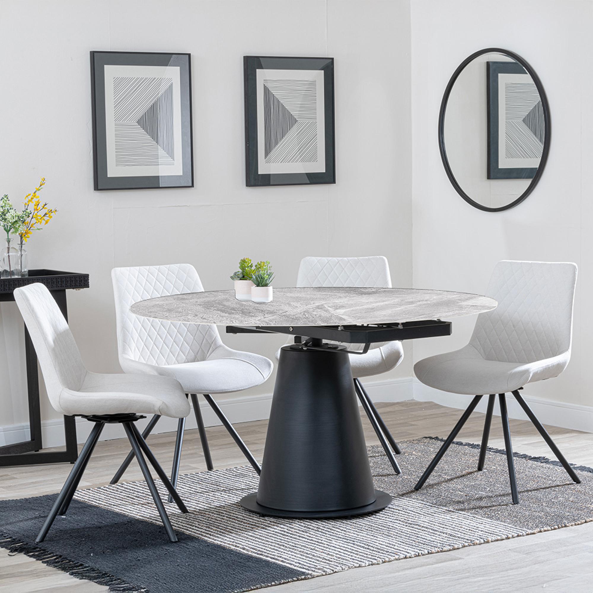 Carrara Dining Set - 4 Seater - 135cm - Round - Grey Ceramic - Extending - 4x Boden Swivel Dining Chairs - Cream Fabric
