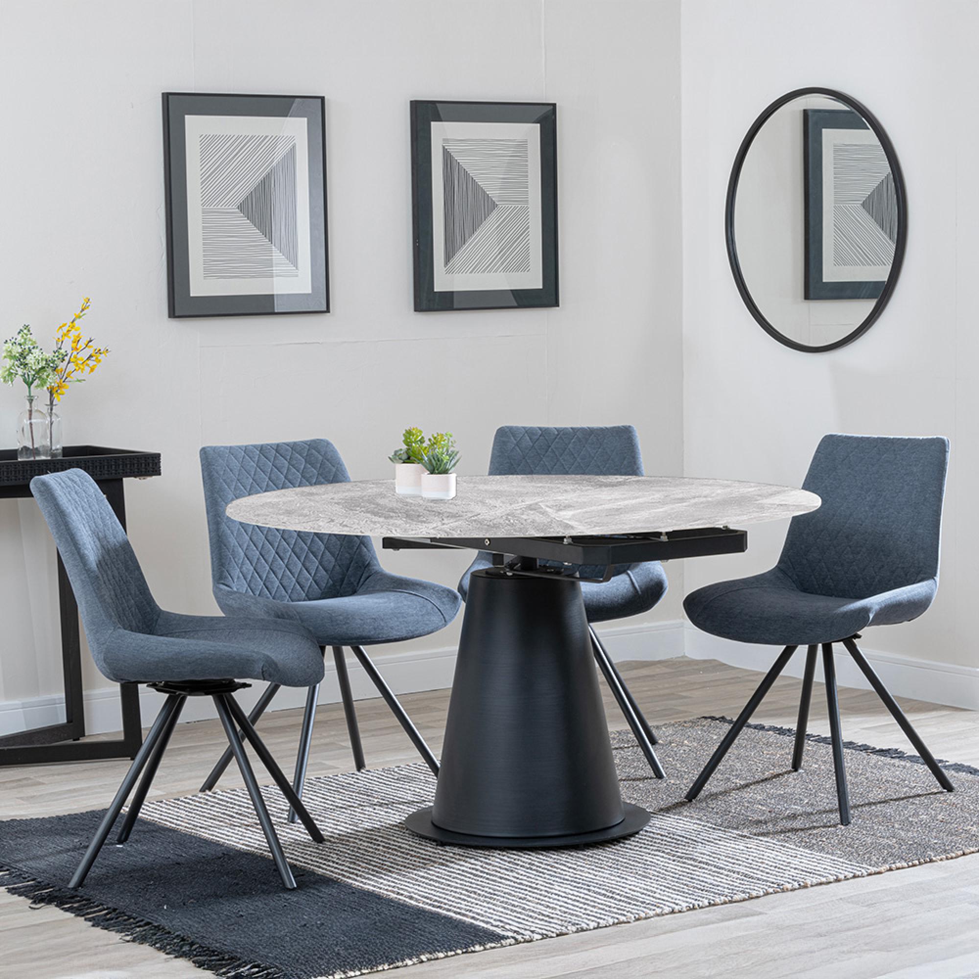 Carrara Dining Set - 4 Seater - 135cm - Round - Grey Ceramic - Extending - 4x Boden Swivel Dining Chairs - Dark Grey Fabric