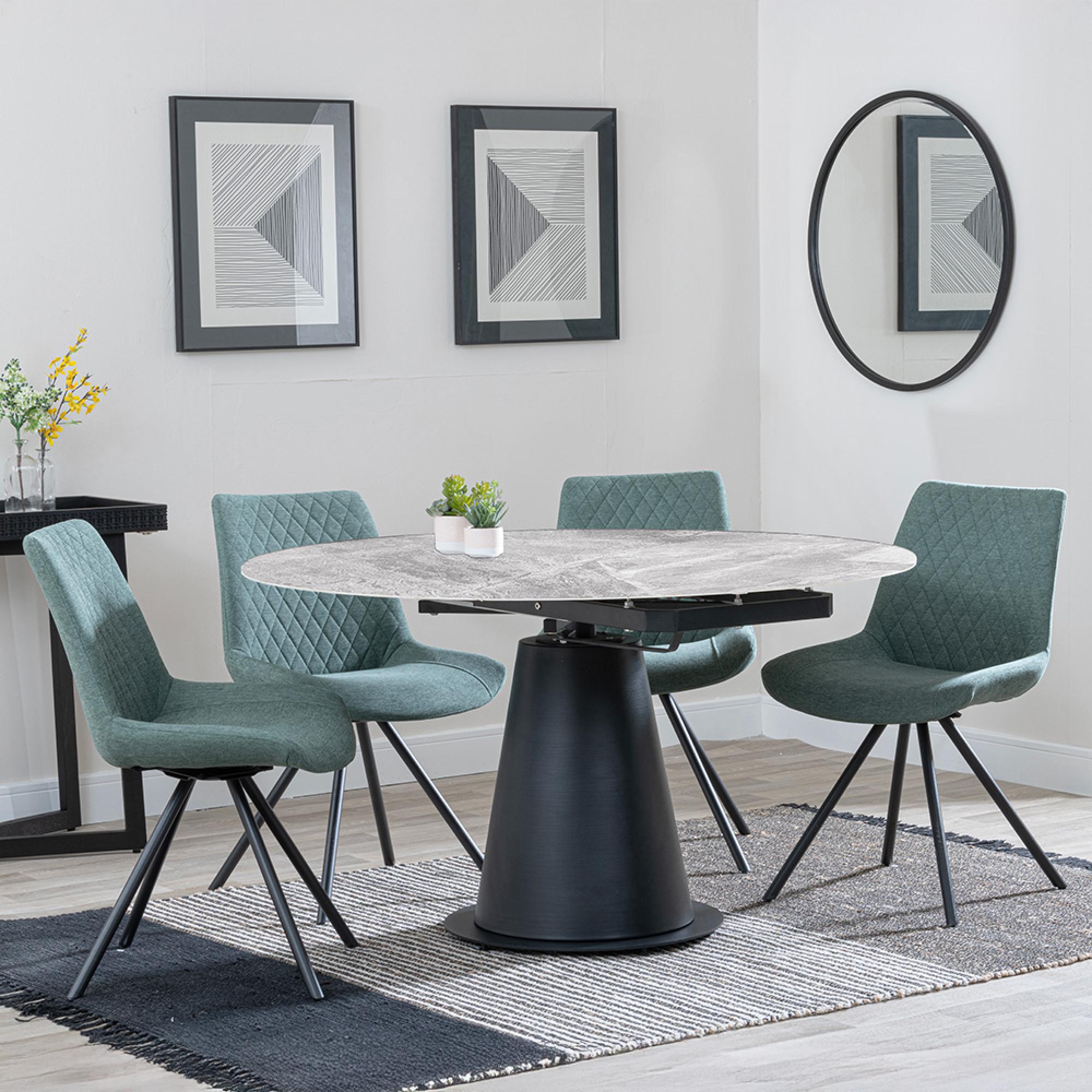 Carrara Dining Set - 4 Seater - 135cm - Round - Grey Ceramic - Extending - 4x Boden Swivel Dining Chairs - Green Fabric