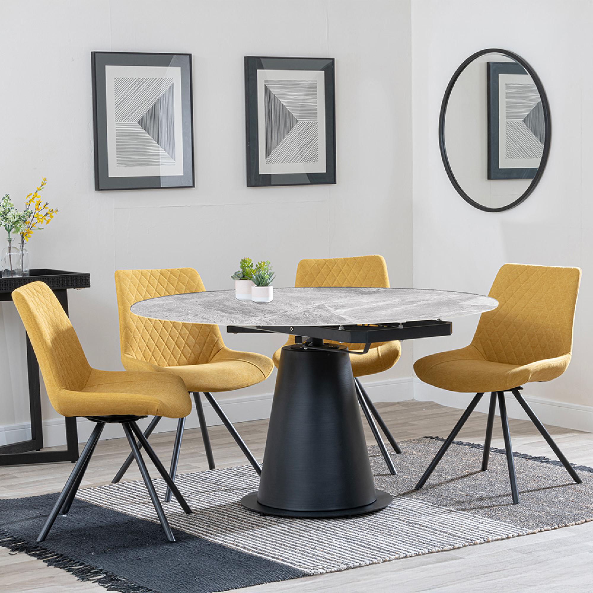 Carrara Dining Set - 4 Seater - 135cm - Round - Grey Ceramic - Extending - 4x Boden Swivel Dining Chairs - Yellow Fabric