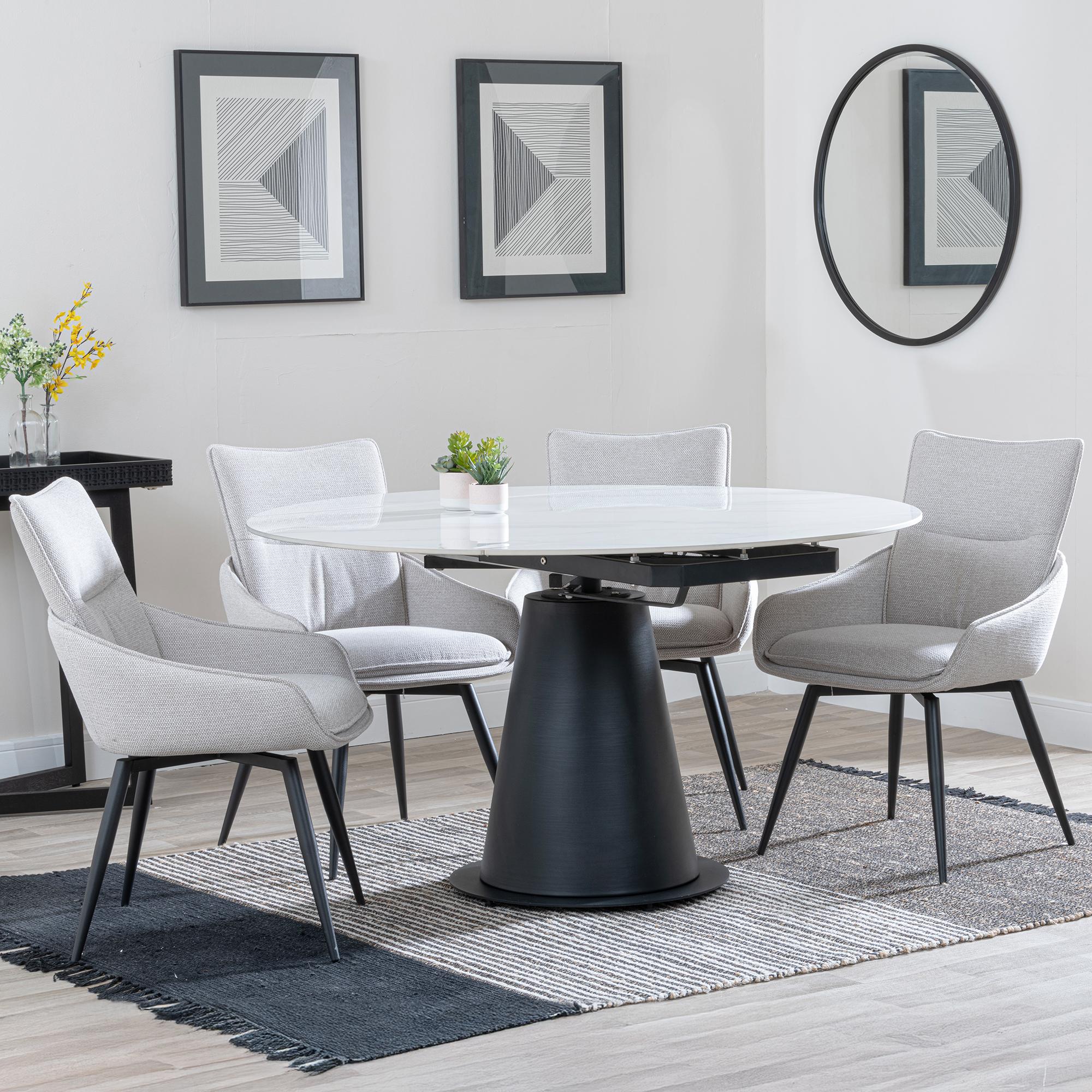 Carrara Dining Set - 4 Seater - 135cm - Round - White Ceramic - Extending - 4x Ace Swivel Dining Chairs - Beige Fabric