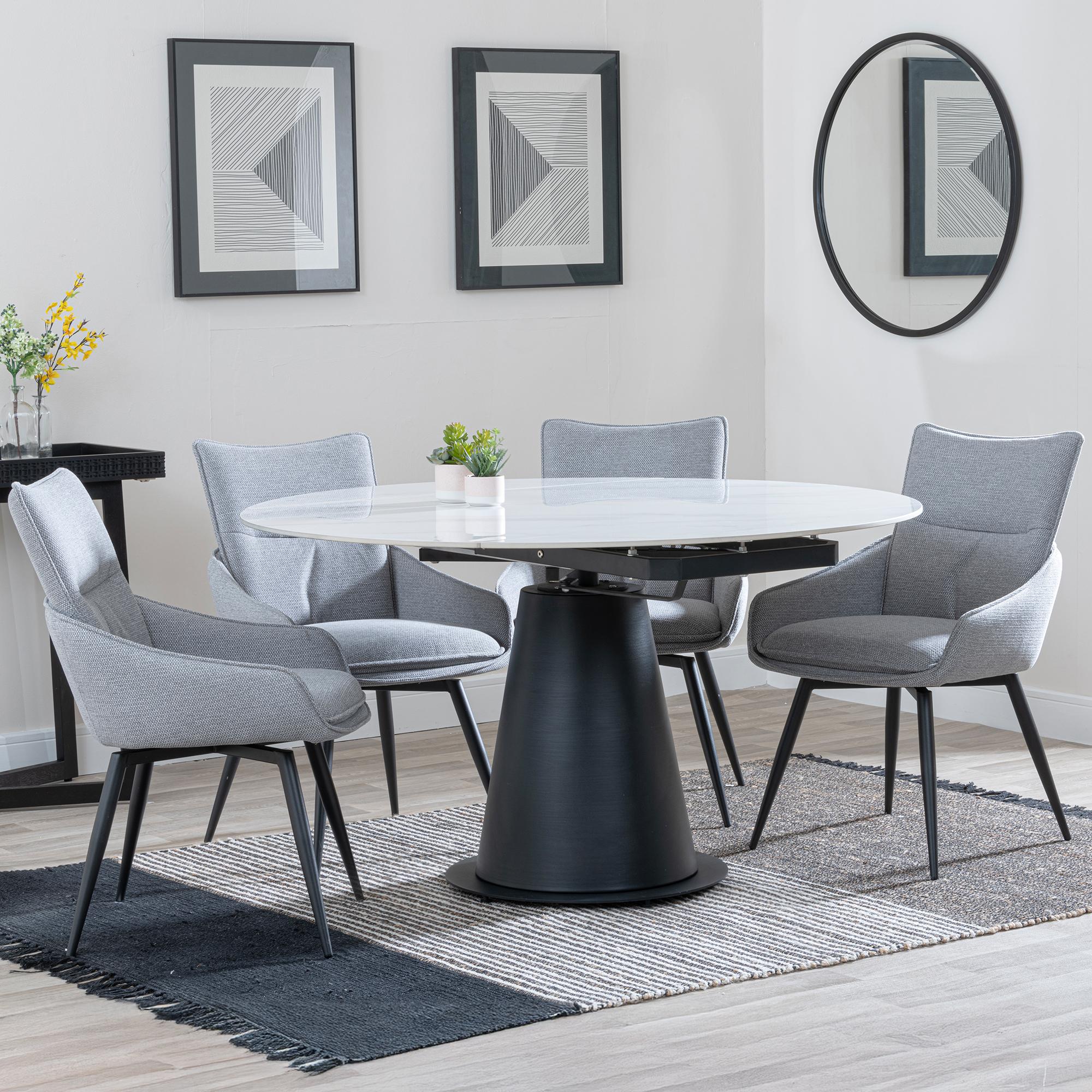Carrara Dining Set - 4 Seater - 135cm - Round - White Ceramic - Extending - 4x Ace Swivel Dining Chairs - Grey Fabric