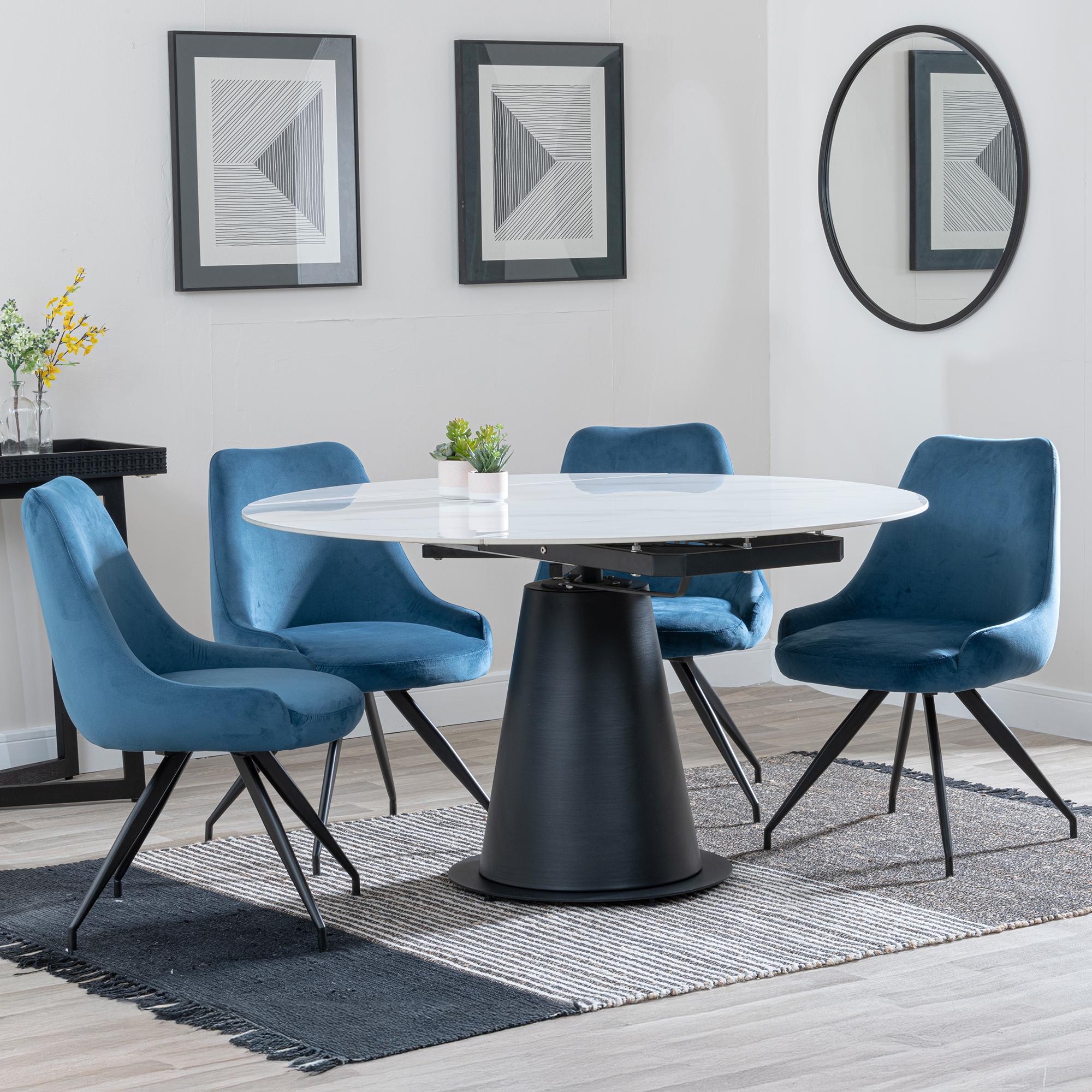 Carrara Dining Set - 4 Seater - 135cm - Round - White Ceramic - Extending - 4x Arctic Swivel Dining Chairs - Blue Velvet Fabric