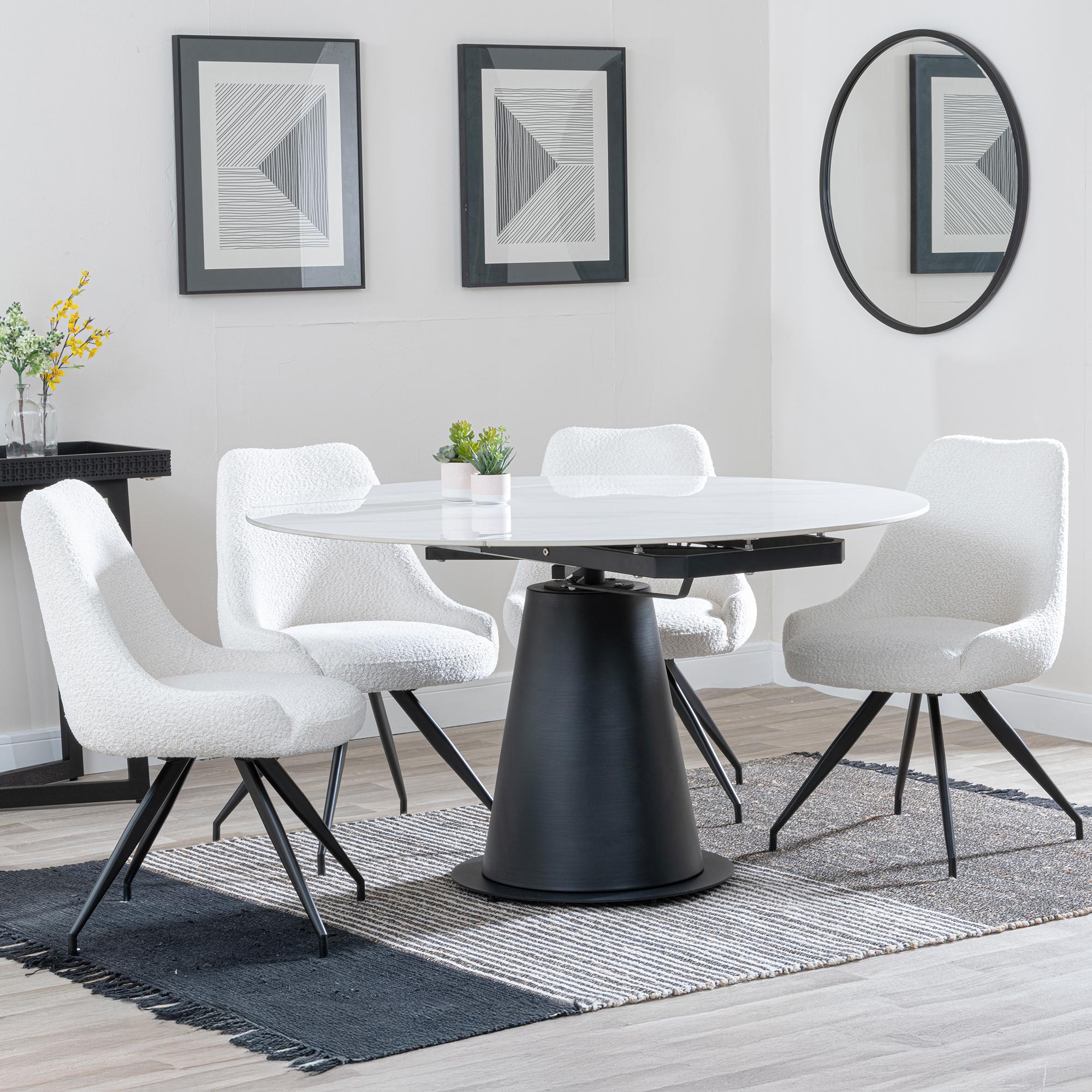 Carrara Dining Set - 4 Seater - 135cm - Round - White Ceramic - Extending - 4x Arctic Swivel Dining Chairs - Cream Velvet Fabric