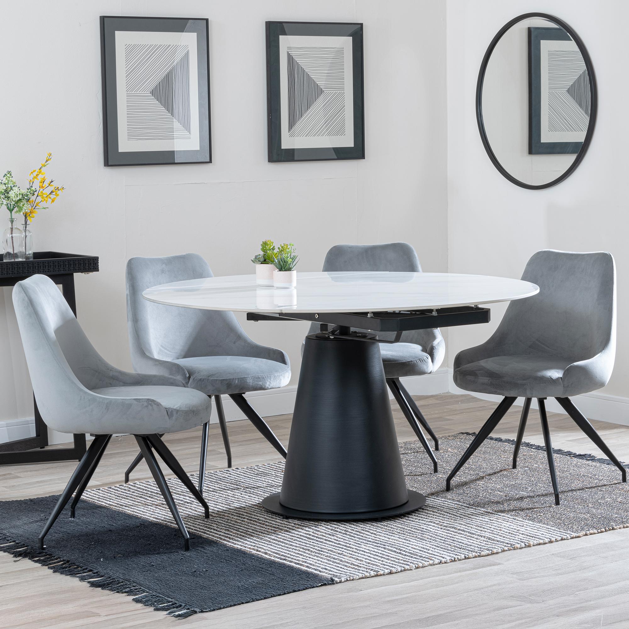 Carrara Dining Set - 4 Seater - 135cm - Round - White Ceramic - Extending - 4x Arctic Swivel Dining Chairs - Grey Velvet Fabric