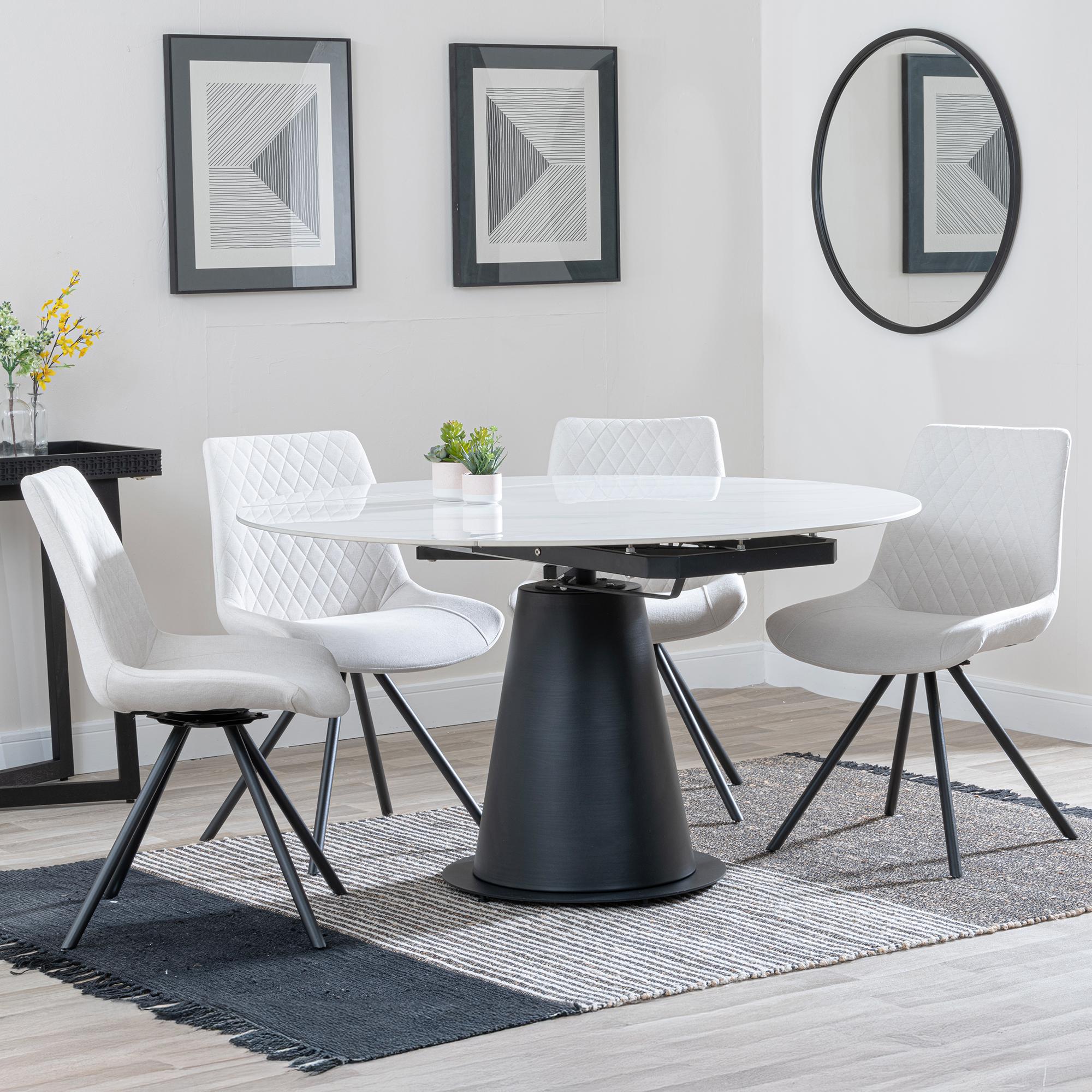 Carrara Dining Set - 4 Seater - 135cm - Round - White Ceramic - Extending - 4x Boden Swivel Dining Chairs - Cream Fabric