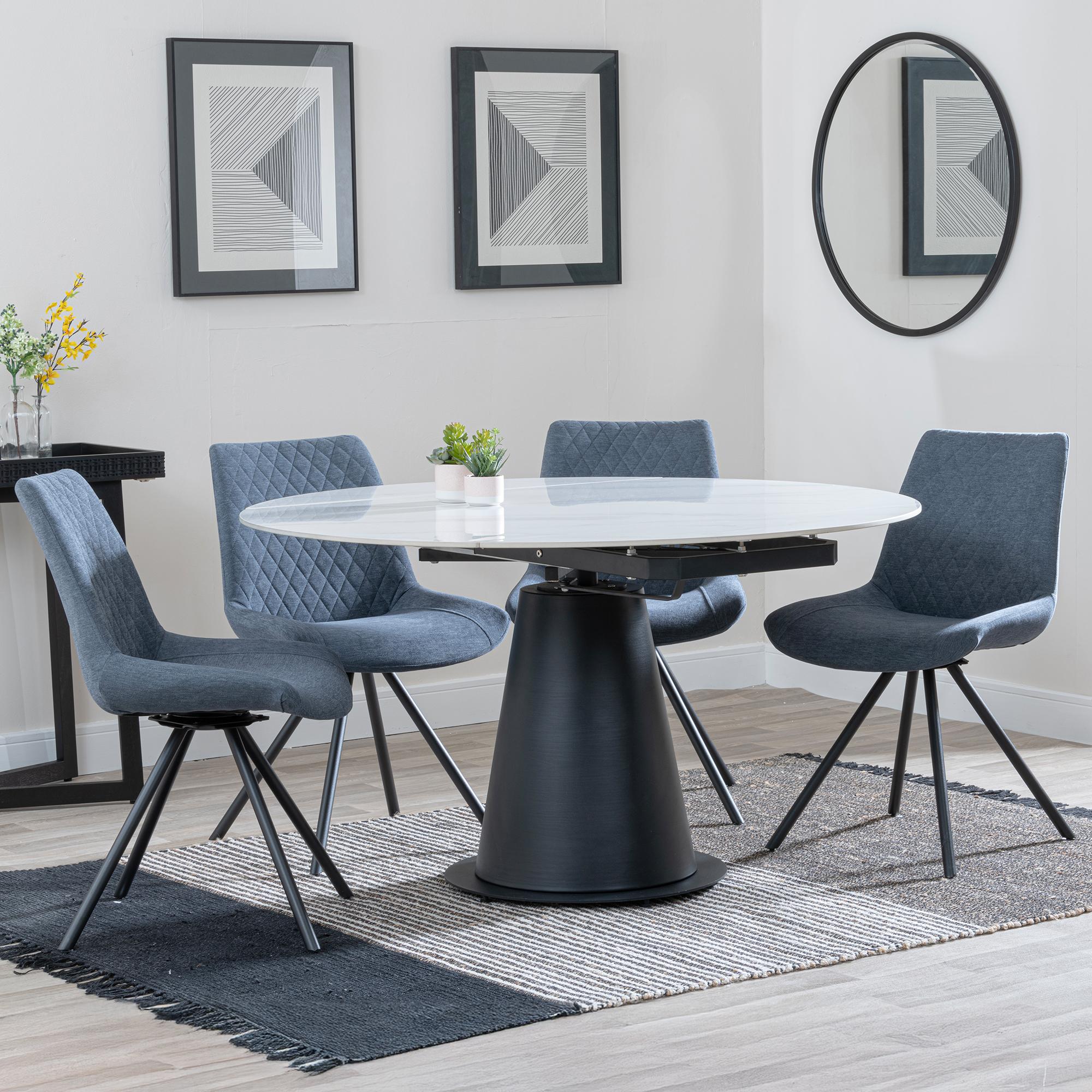 Carrara Dining Set - 4 Seater - 135cm - Round - White Ceramic - Extending - 4x Boden Swivel Dining Chairs - Dark Grey Fabric