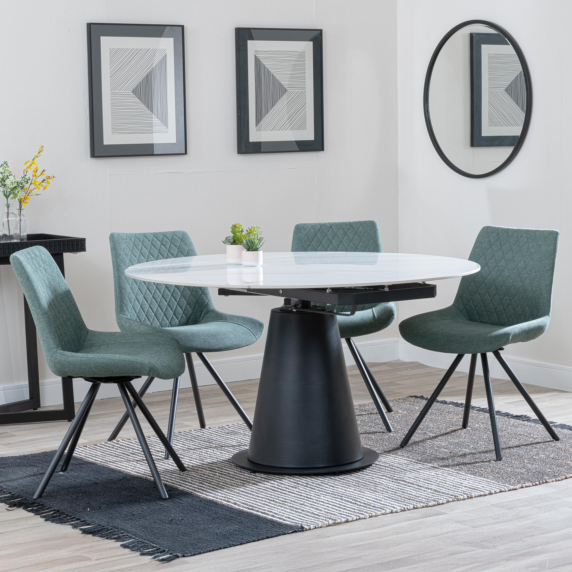 Carrara Dining Set - 4 Seater - 135cm - Round - White Ceramic - Extending - 4x Boden Swivel Dining Chairs - Green Fabric