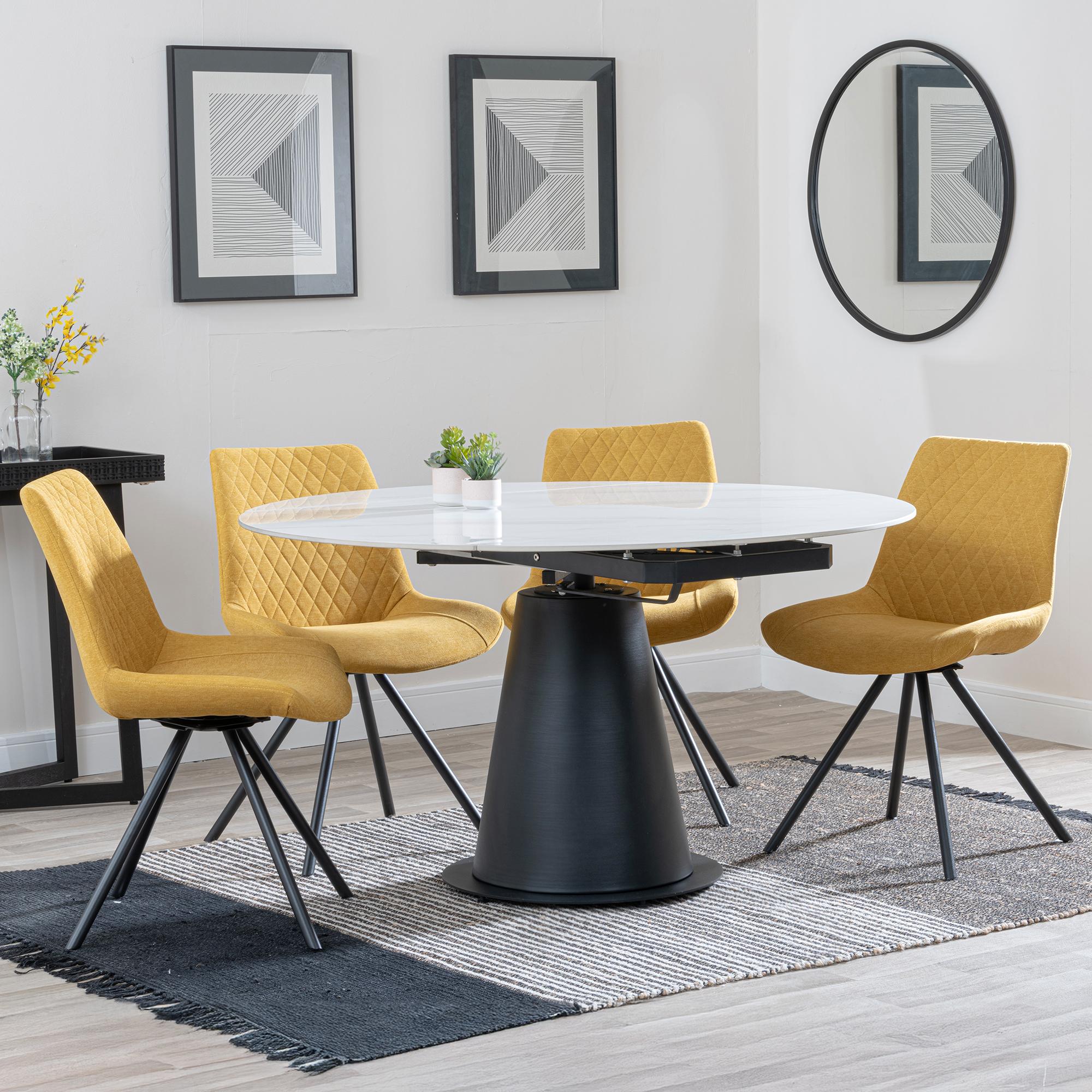 Carrara Dining Set - 4 Seater - 135cm - Round - White Ceramic - Extending - 4x Boden Swivel Dining Chairs - Yellow Fabric