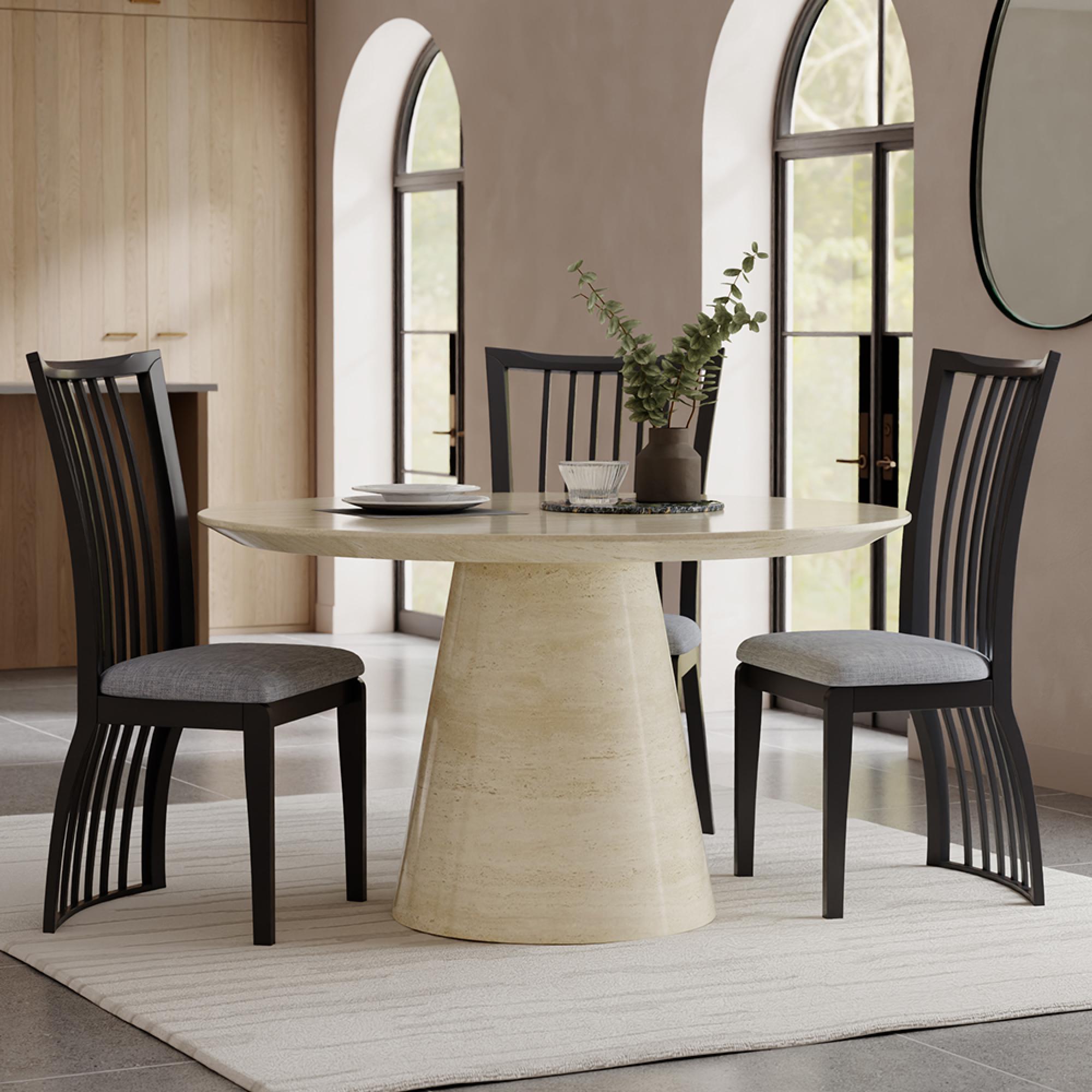 Carrera Dining Set - 4 Seater - 130cm - Round - Travertine Beige Engineered Marble - 4x Athena Dining Chairs - Black High Gloss - Grey Seat Pads
