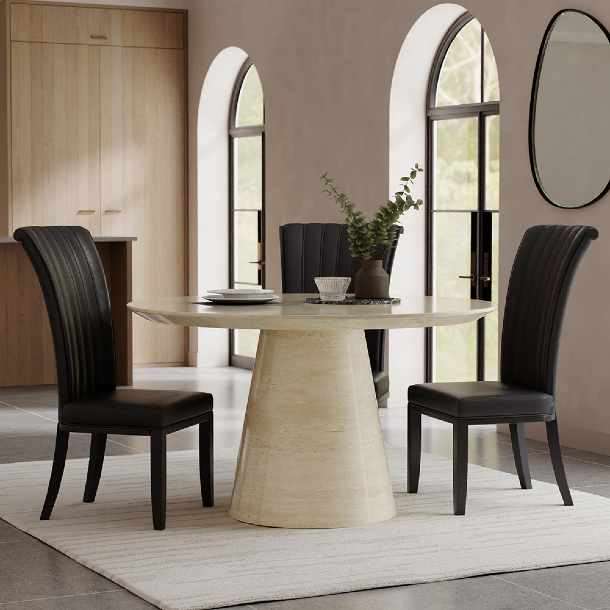 Carrera Dining Set - 4 Seater - 130cm - Round - Travertine Beige Engineered Marble - 4x Cadiz Dining Chairs - Black Leather