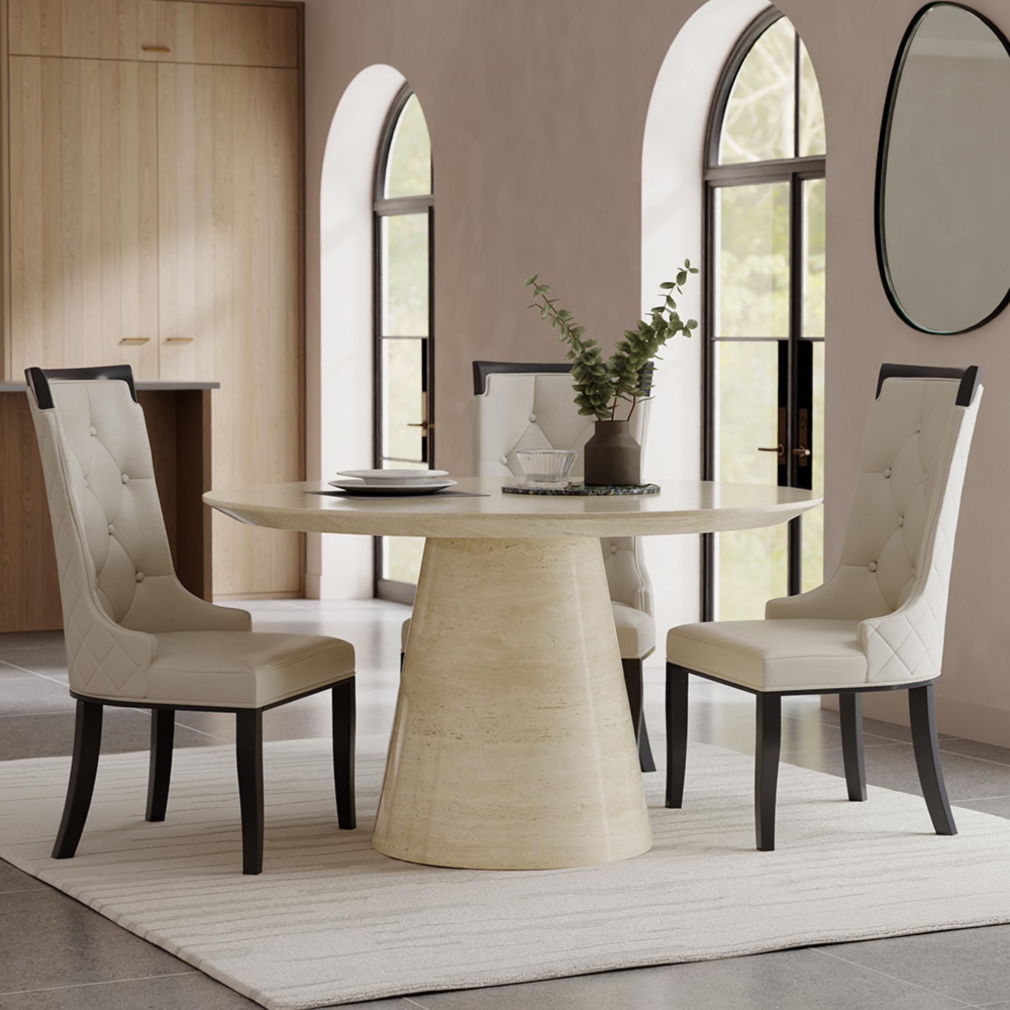 Carrera Dining Set - 4 Seater - 130cm - Round - Travertine Beige Engineered Marble - 4x Carmela Dining Chairs - Cream Leather