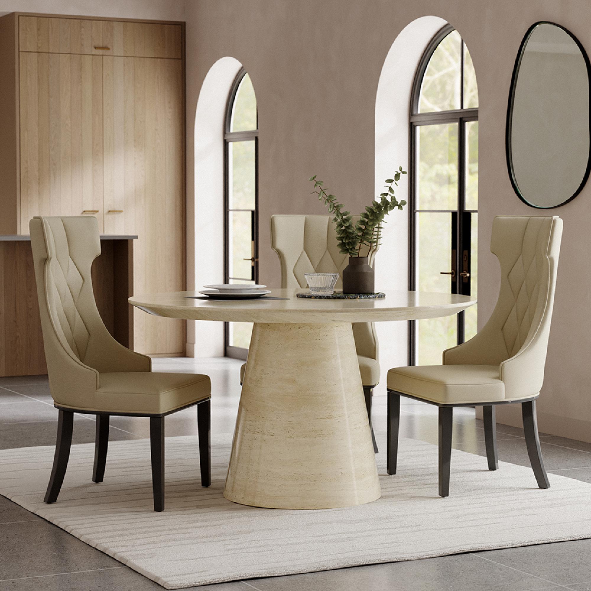 Carrera Dining Set - 4 Seater - 130cm - Round - Travertine Beige Engineered Marble - 4x Mimi Dining Chairs - Cream Leather