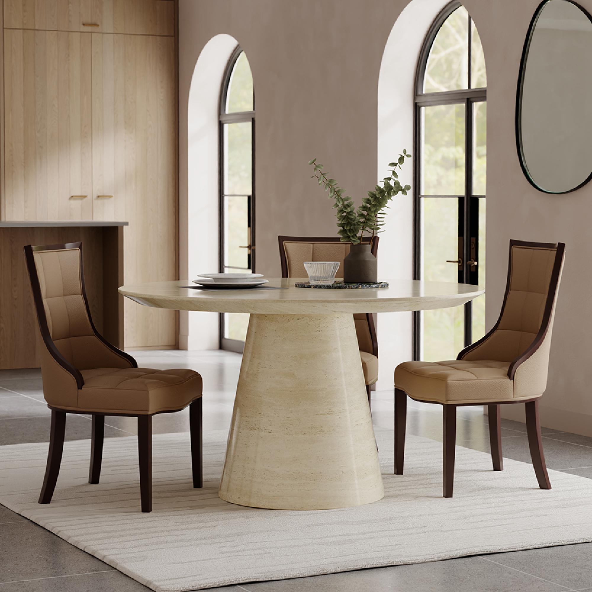 Carrera Dining Set - 4 Seater - 130cm - Round - Travertine Beige Engineered Marble - 4x Paris Dining Chairs - Taupe Leather - Brown Legs