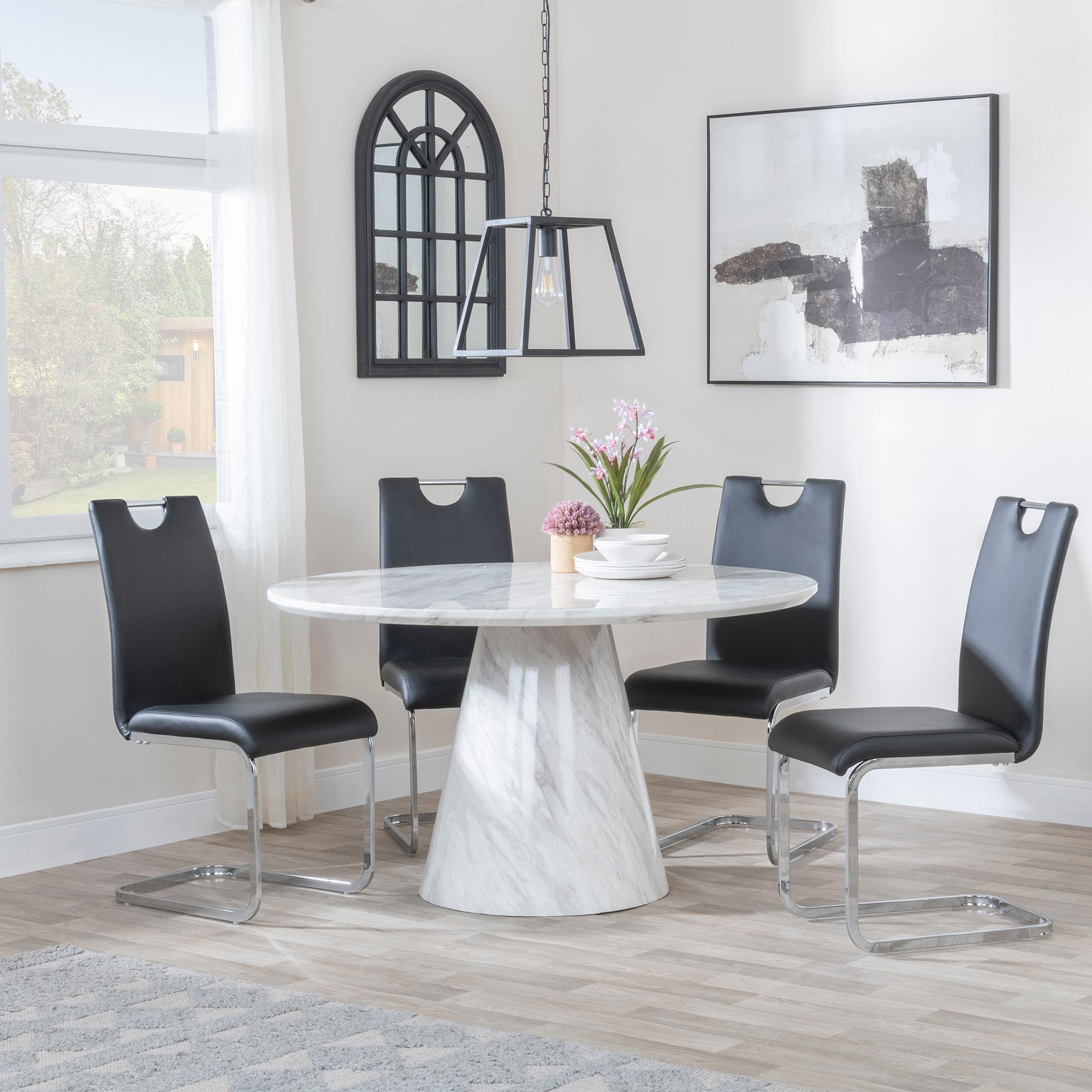 Carrera Dining Set - 4 Seater - 130cm - Round - White Marble - 4x Bianco Dining Chairs - Black Faux Leather