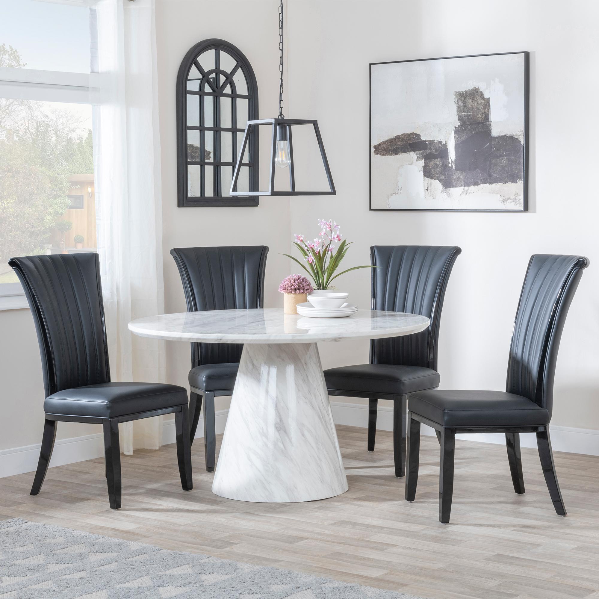 Carrera Dining Set - 4 Seater - 130cm - Round - White Marble - 4x Cadiz Dining Chairs - Black Leather
