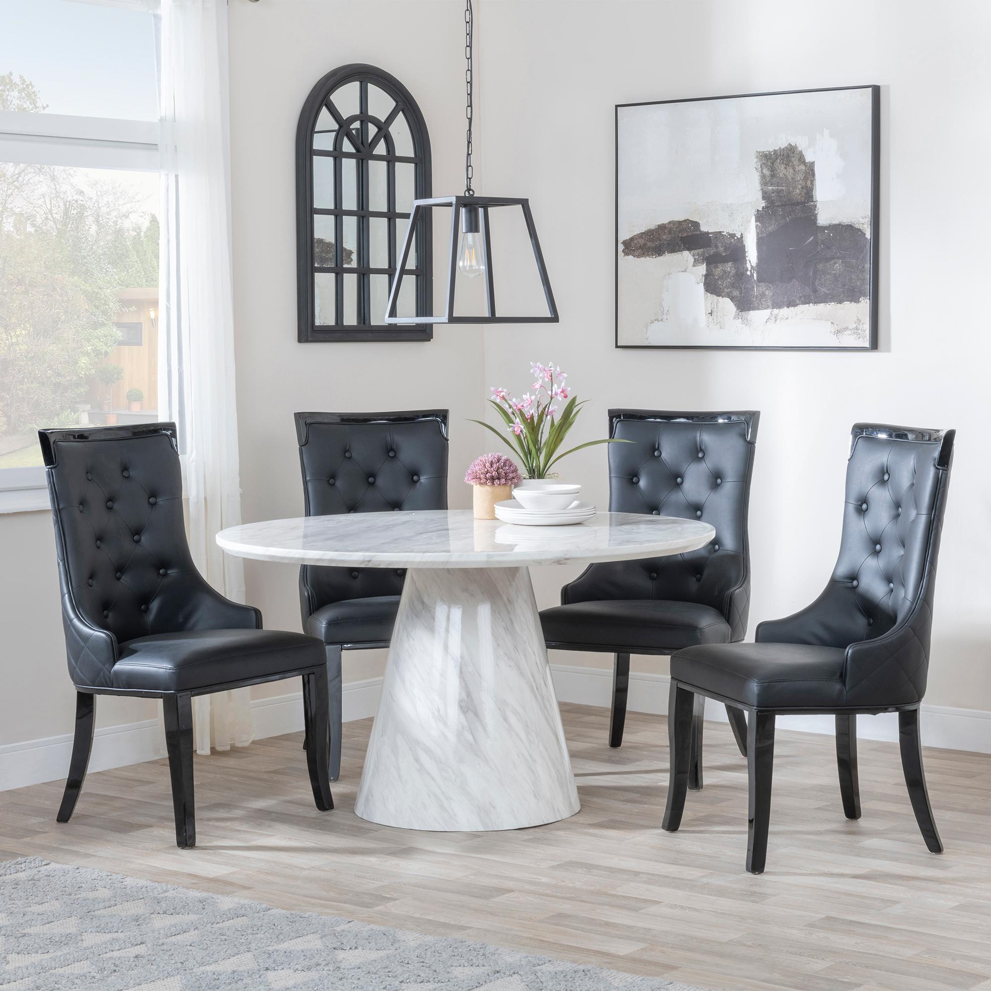 Carrera Dining Set - 4 Seater - 130cm - Round - White Marble - 4x Carmela Dining Chairs - Black Leather