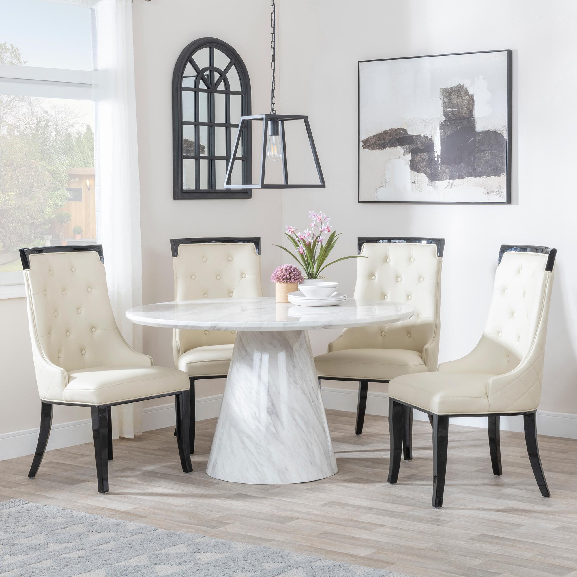Carrera Dining Set - 4 Seater - 130cm - Round - White Marble - 4x Carmela Dining Chairs - Cream Leather