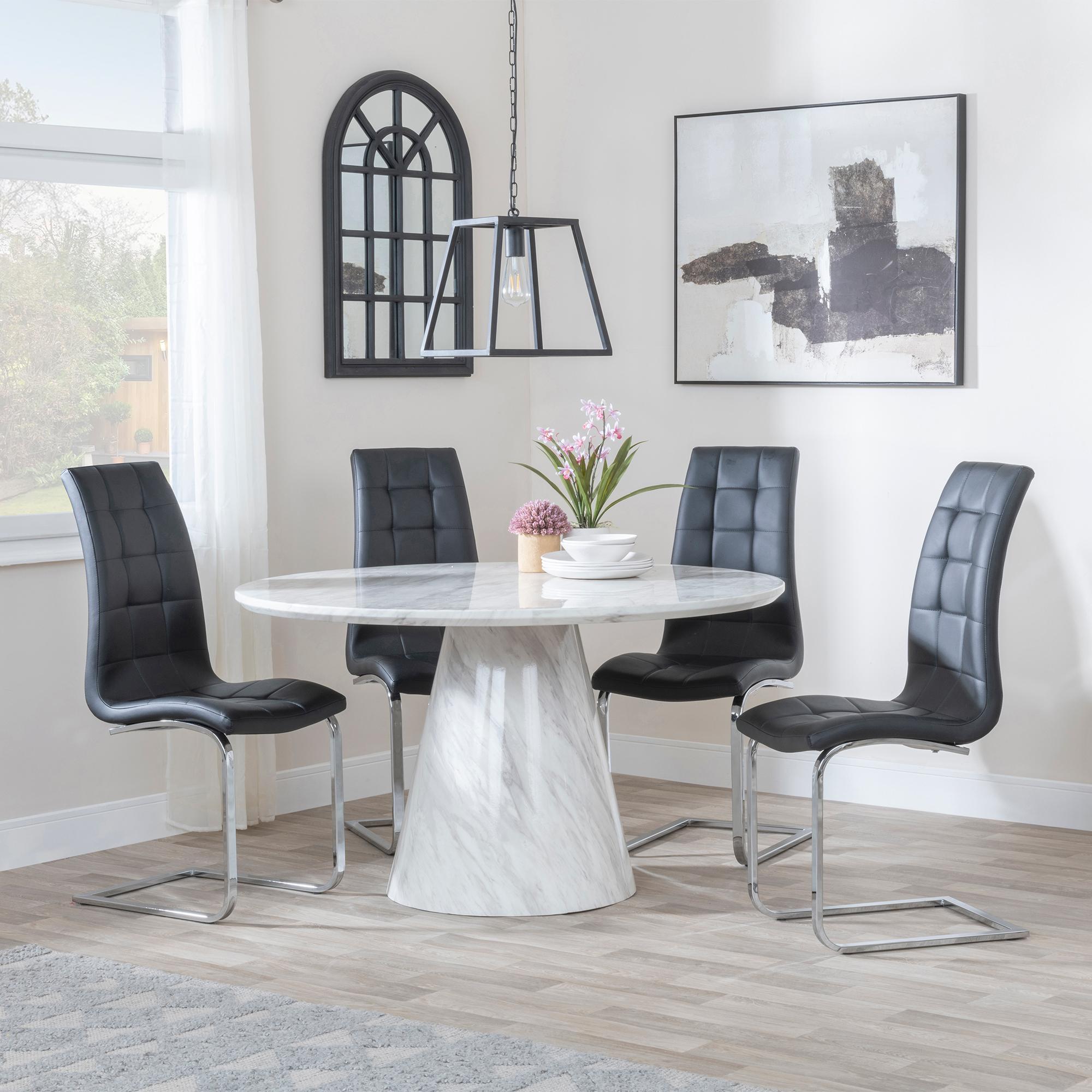 Carrera Dining Set - 4 Seater - 130cm - Round - White Marble - 4x Jamison Dining Chairs - Black Faux Leather