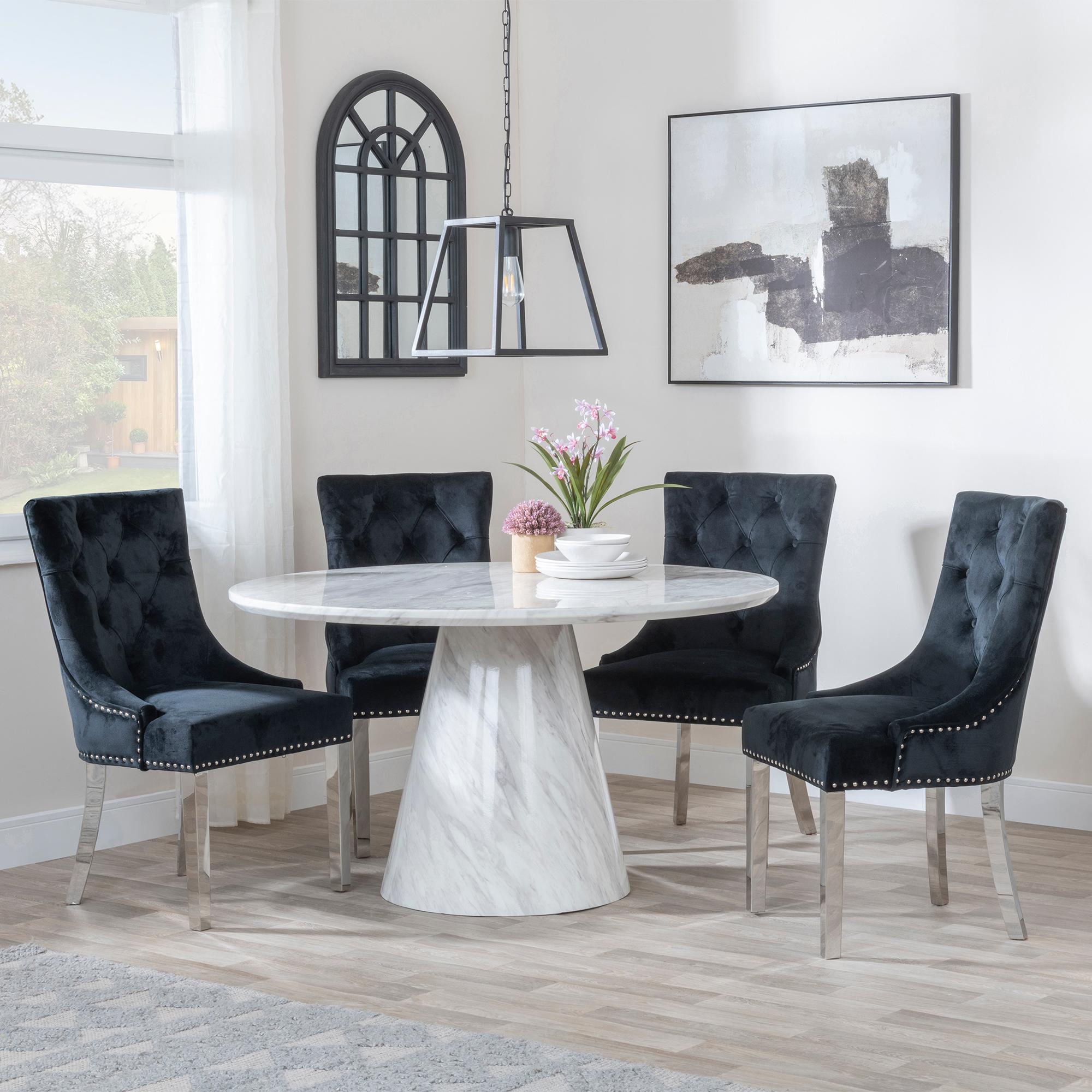 Carrera Dining Set - 4 Seater - 130cm - Round - White Marble - 4x Knocker Back Dining Chairs - Black Velvet Fabric - Chrome Legs