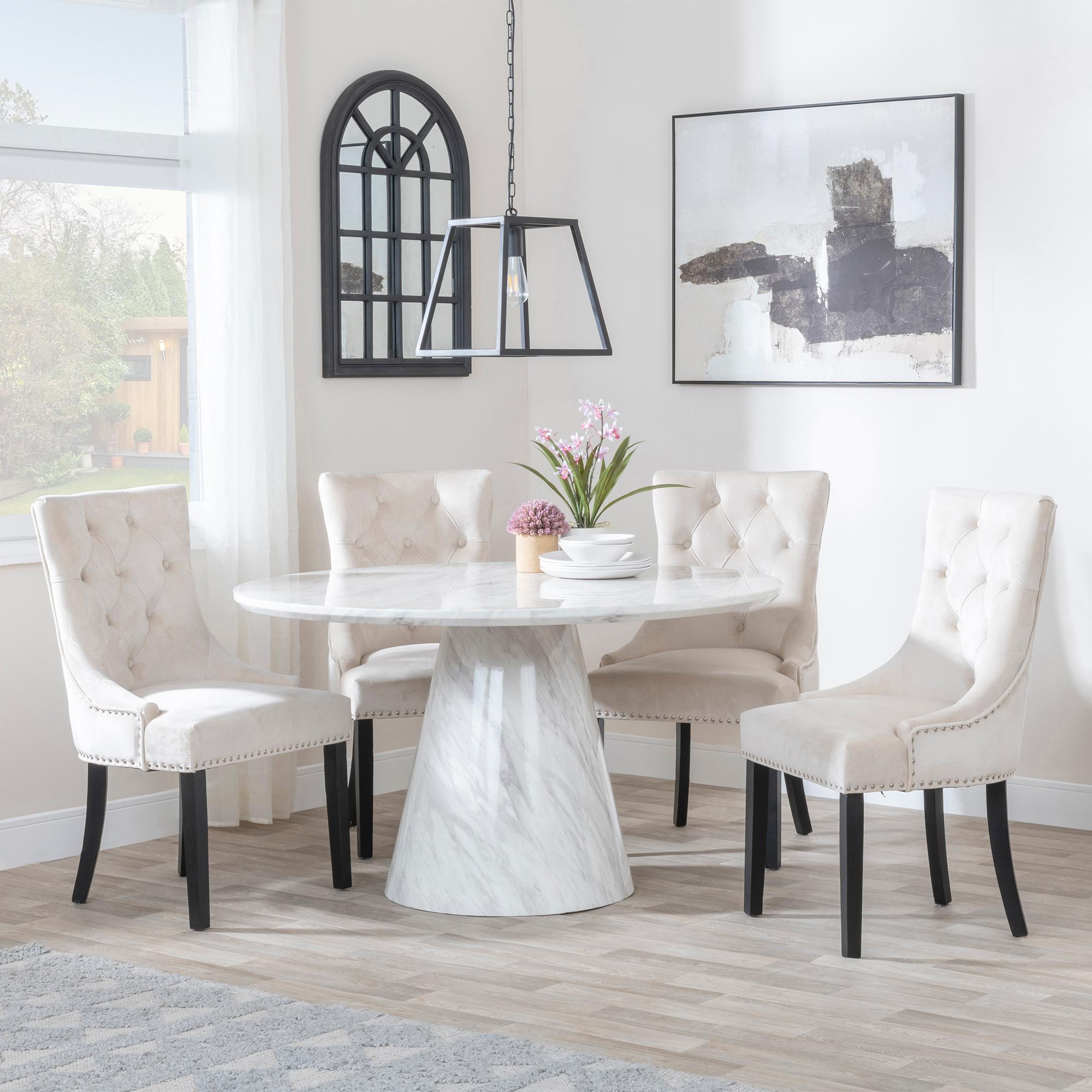 Carrera Dining Set - 4 Seater - 130cm - Round - White Marble - 4x Knocker Back Dining Chairs - Champagne Velvet Fabric - Black Wooden Legs