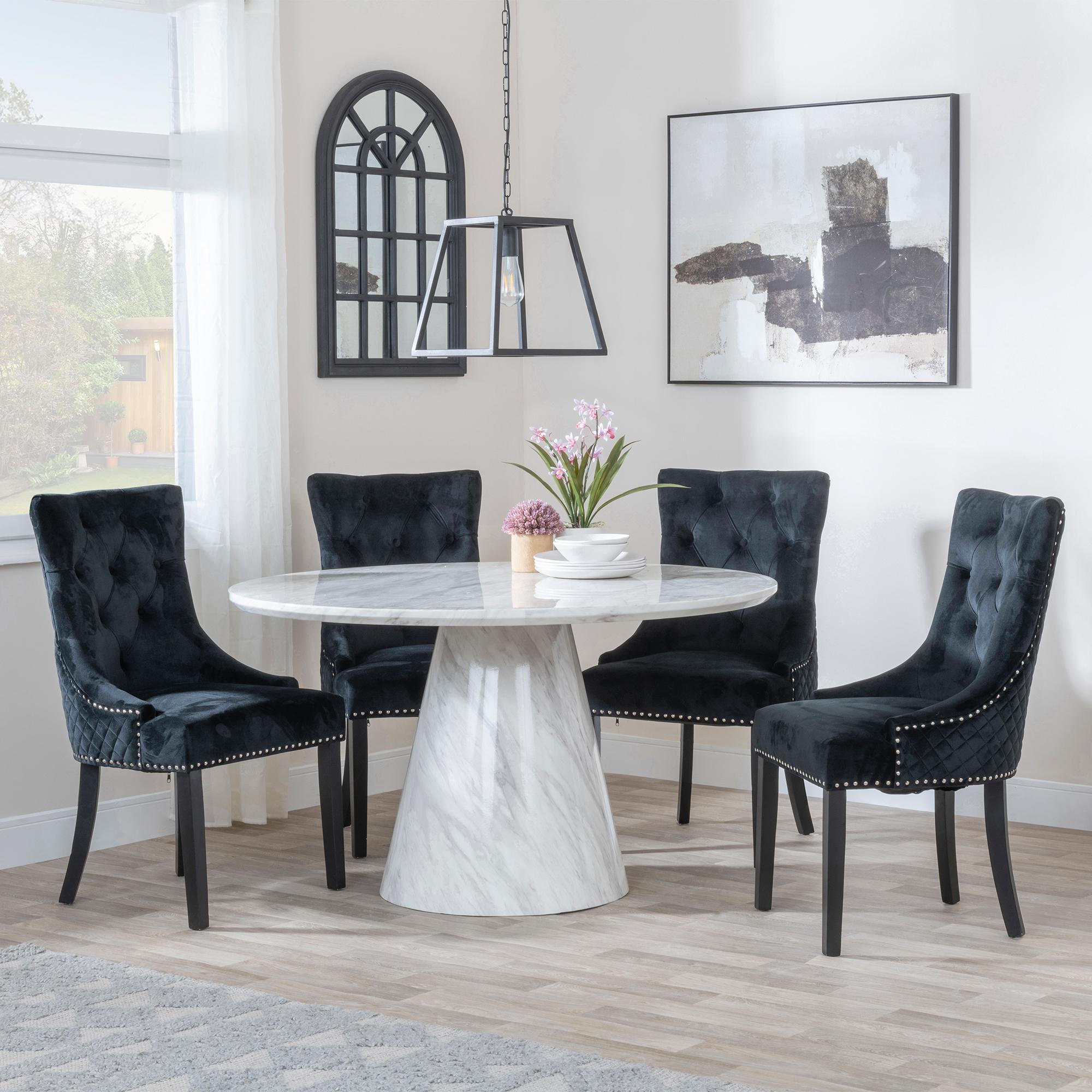 Carrera Dining Set - 4 Seater - 130cm - Round - White Marble - 4x Lion Knocker Back Dining Chairs - Black Velvet Fabric - Black Wooden Legs