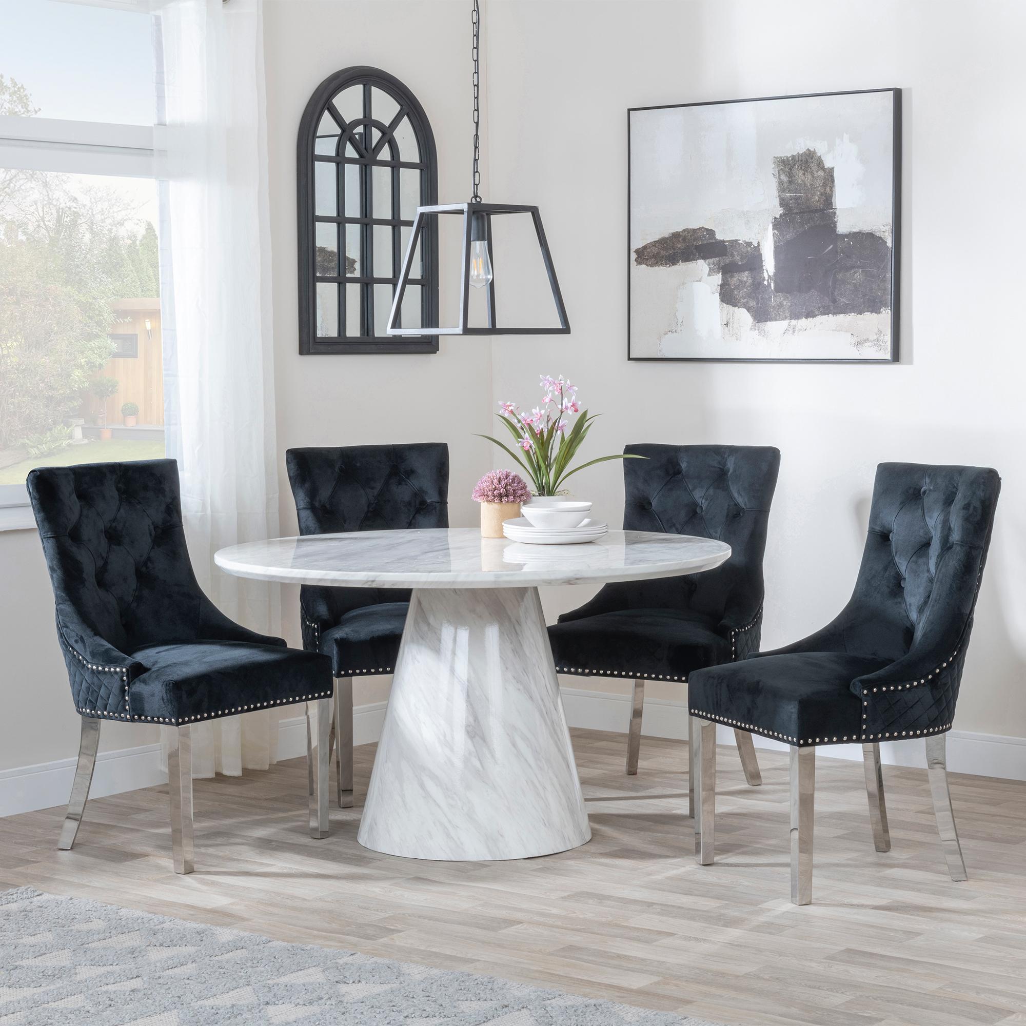 Carrera Dining Set - 4 Seater - 130cm - Round - White Marble - 4x Lion Knocker Back Dining Chairs - Black Velvet Fabric - Chrome Legs
