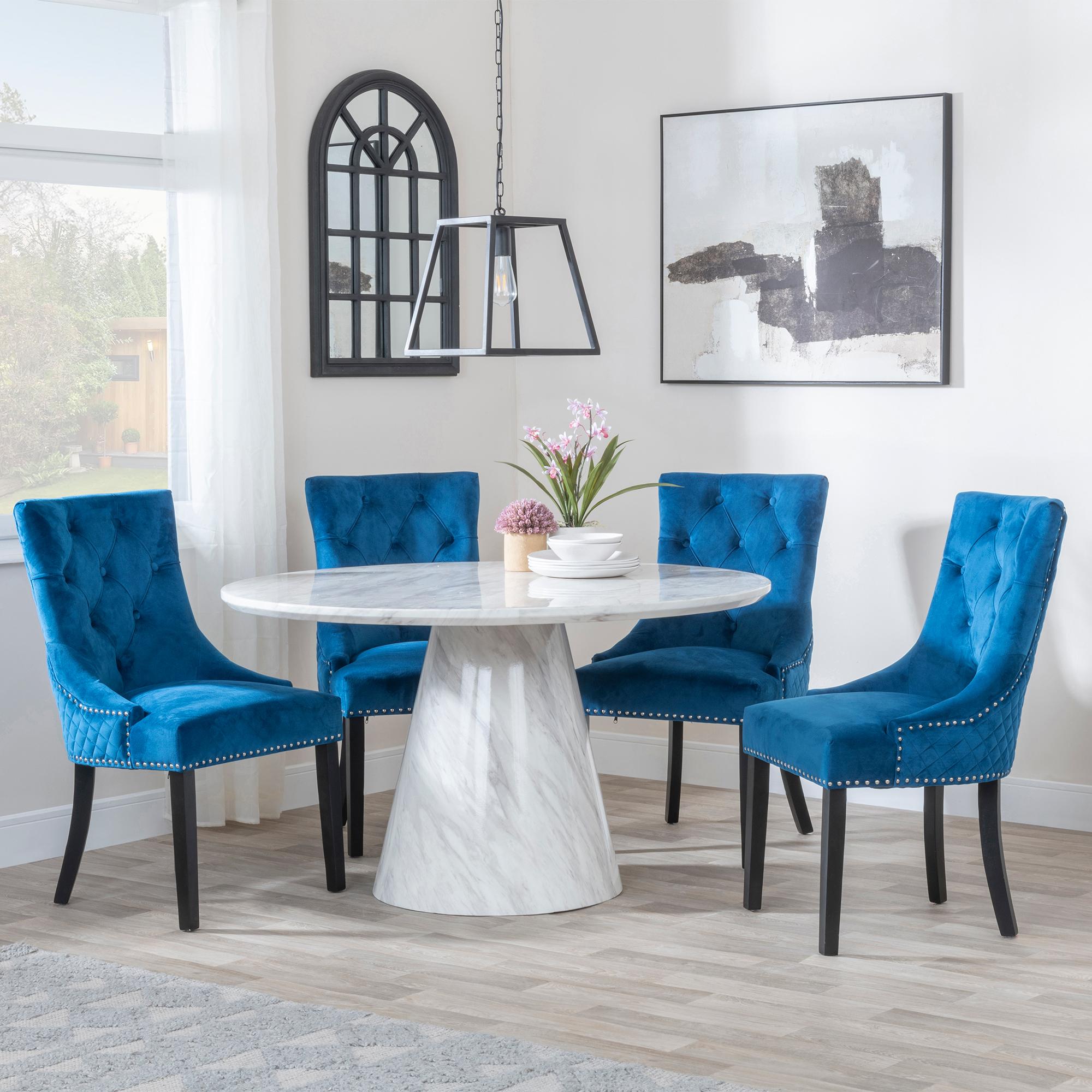 Carrera Dining Set - 4 Seater - 130cm - Round - White Marble - 4x Lion Knocker Back Dining Chairs - Blue Velvet Fabric - Black Wooden Legs