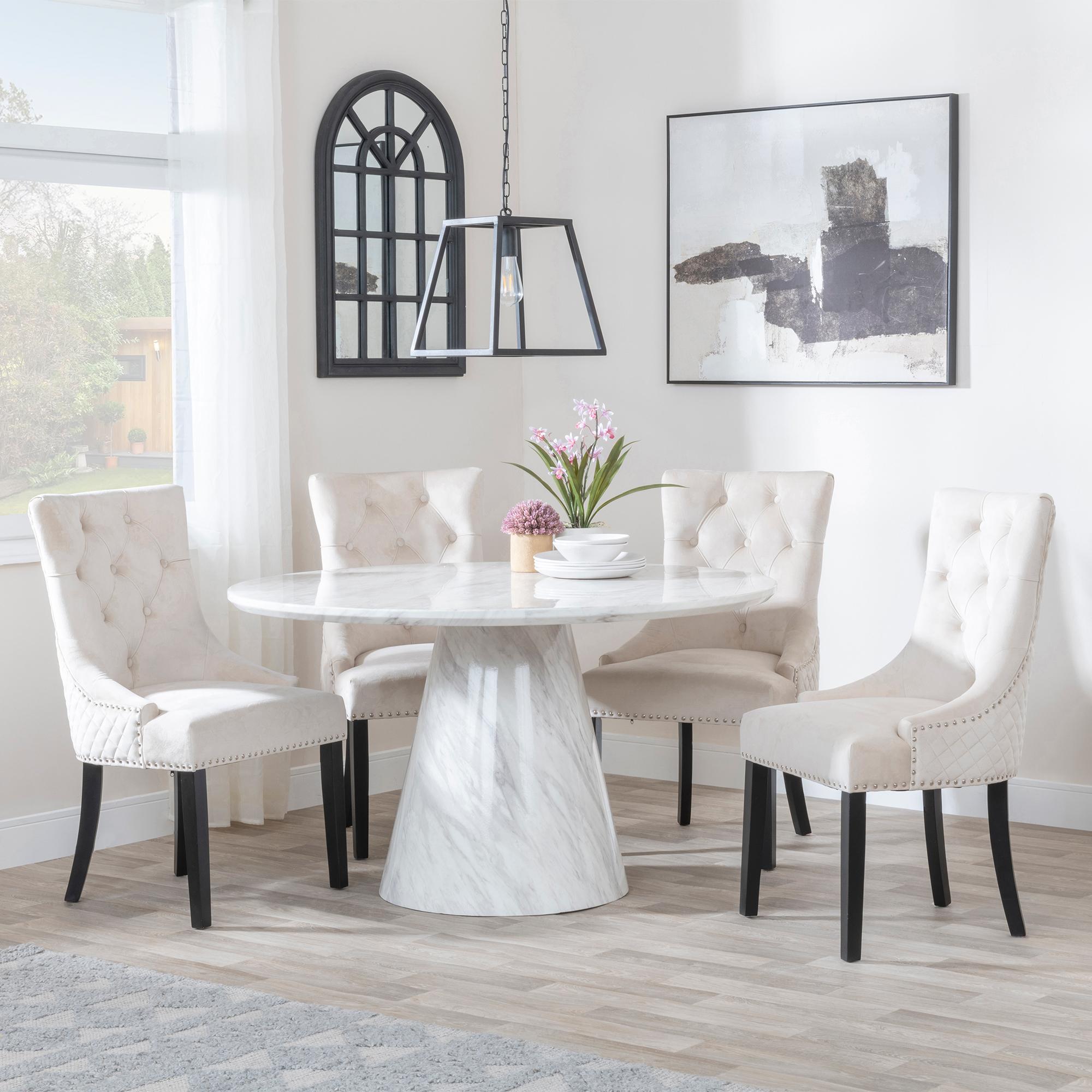 Carrera Dining Set - 4 Seater - 130cm - Round - White Marble - 4x Lion Knocker Back Dining Chairs - Champagne Velvet Fabric - Black Wooden Legs