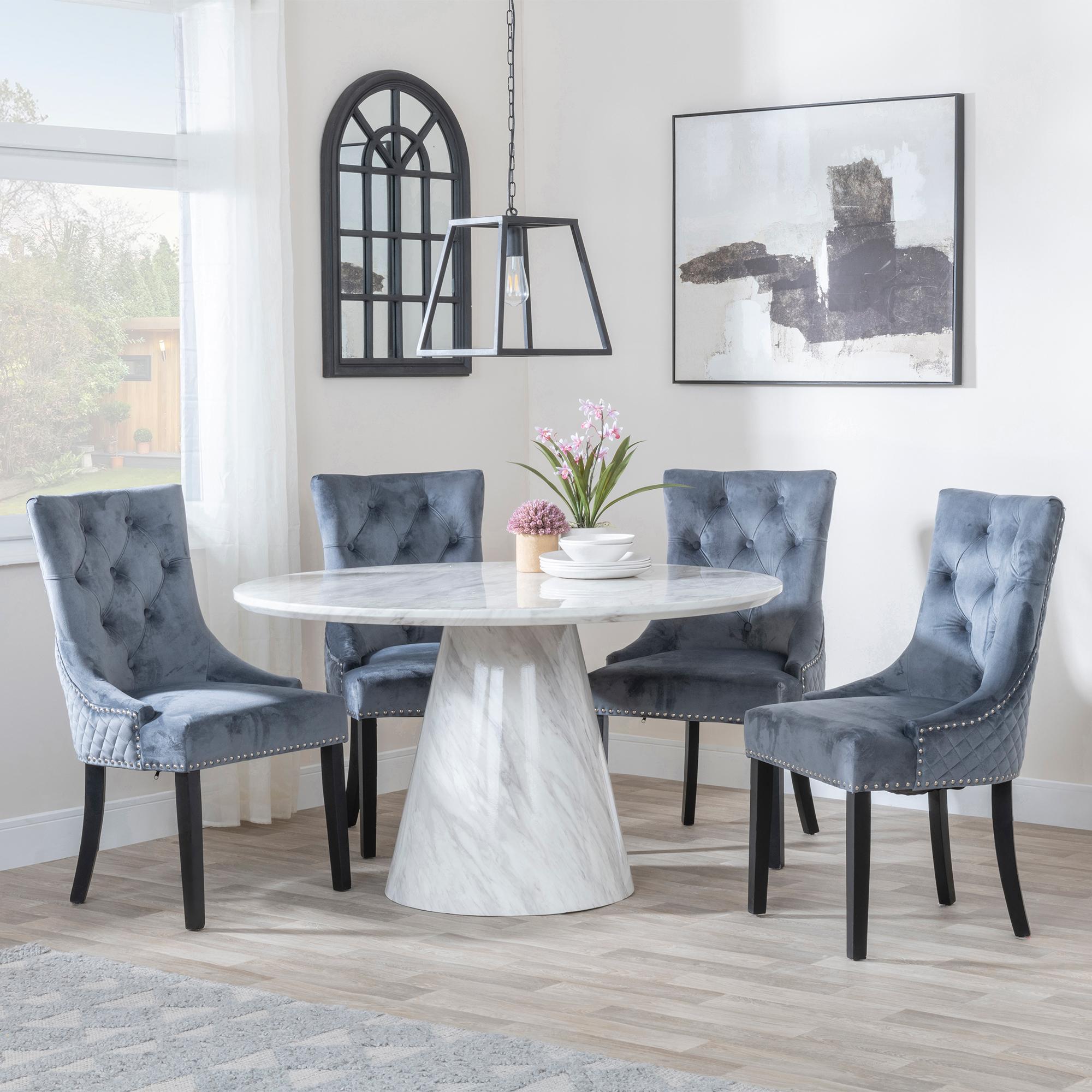Carrera Dining Set - 4 Seater - 130cm - Round - White Marble - 4x Lion Knocker Back Dining Chairs - Grey Velvet Fabric - Black Wooden Legs