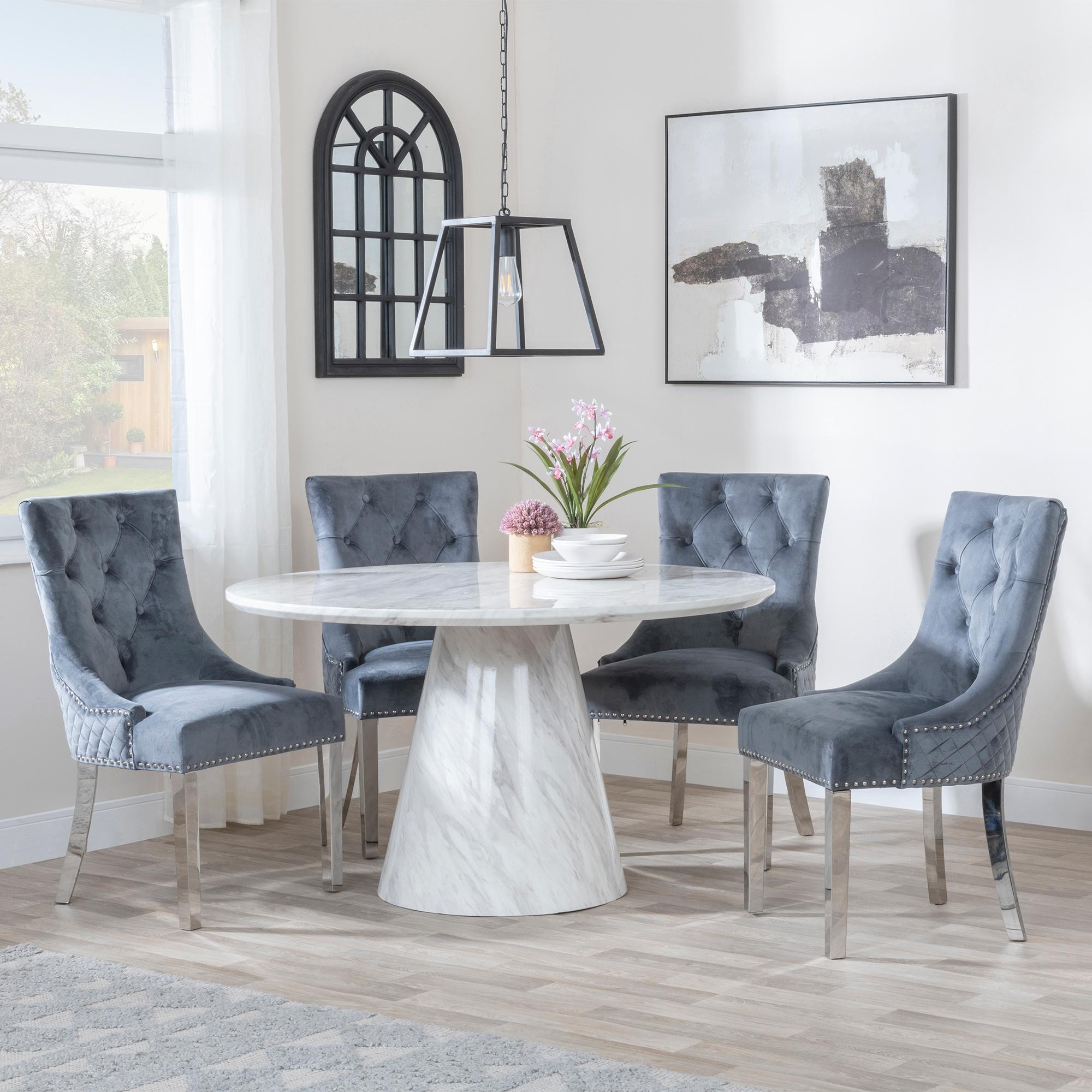 Carrera Dining Set - 4 Seater - 130cm - Round - White Marble - 4x Lion Knocker Back Dining Chairs - Grey Velvet Fabric - Chrome Legs