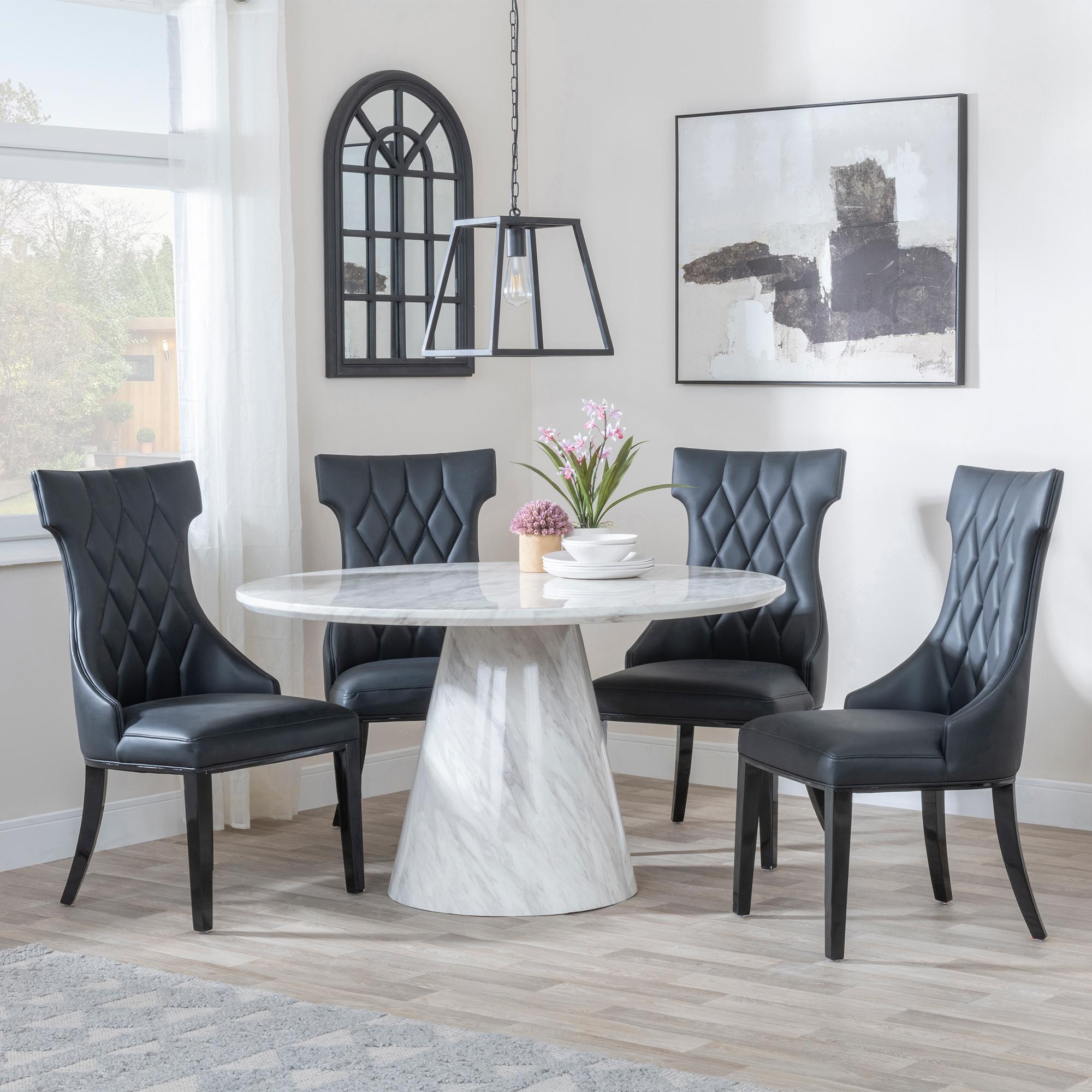 Carrera Dining Set - 4 Seater - 130cm - Round - White Marble - 4x Mimi Dining Chairs - Black Leather