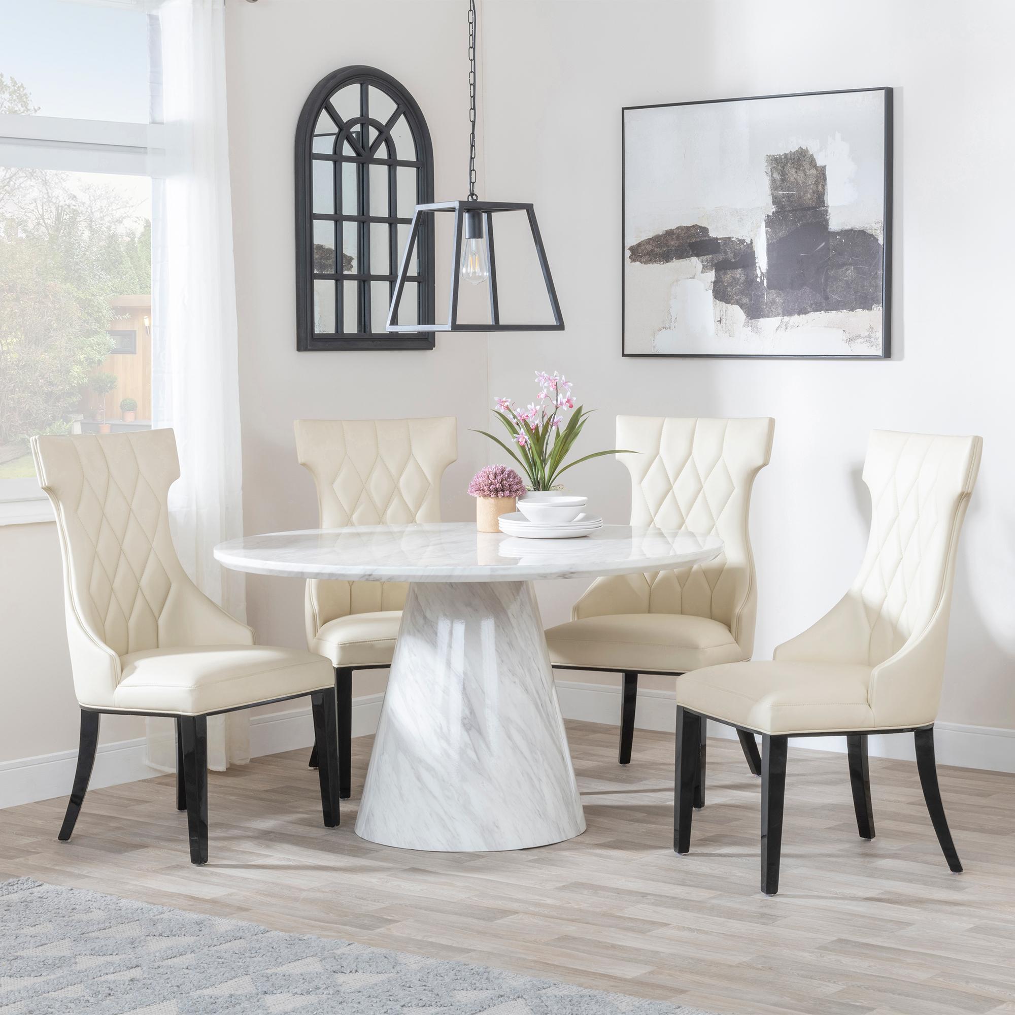 Carrera Dining Set - 4 Seater - 130cm - Round - White Marble - 4x Mimi Dining Chairs - Cream Leather