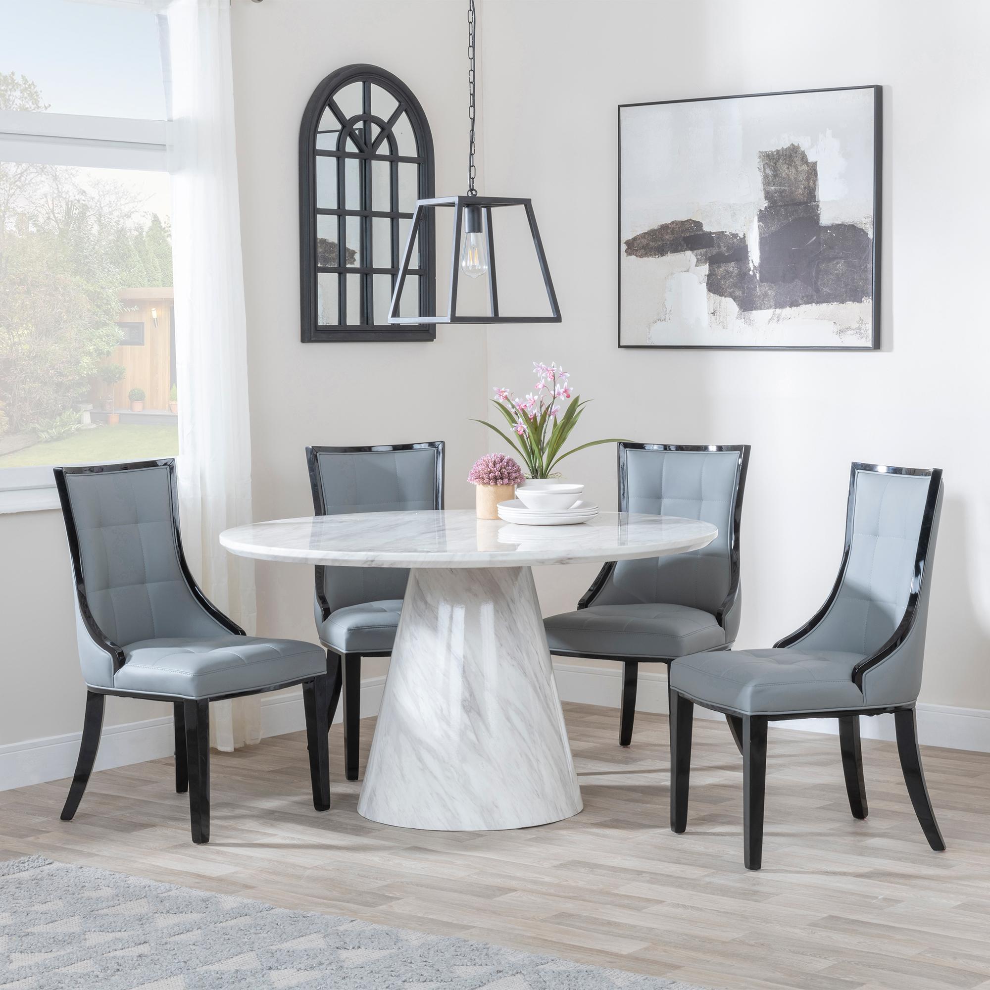 Carrera Dining Set - 4 Seater - 130cm - Round - White Marble - 4x Paris Dining Chairs - Grey Leather - Black Legs