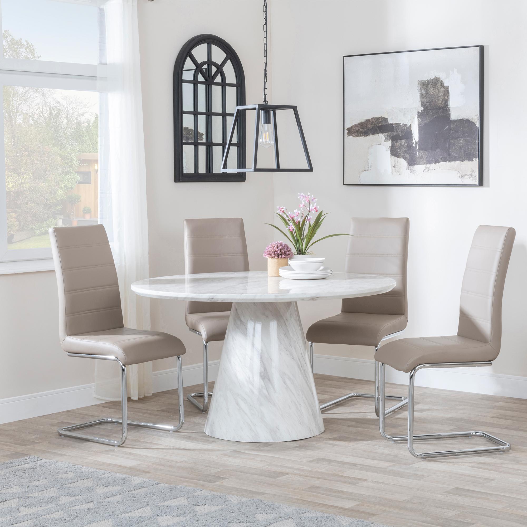 Carrera Dining Set - 4 Seater - 130cm - Round - White Marble - 4x Roma Dining Chairs - Beige Faux Leather