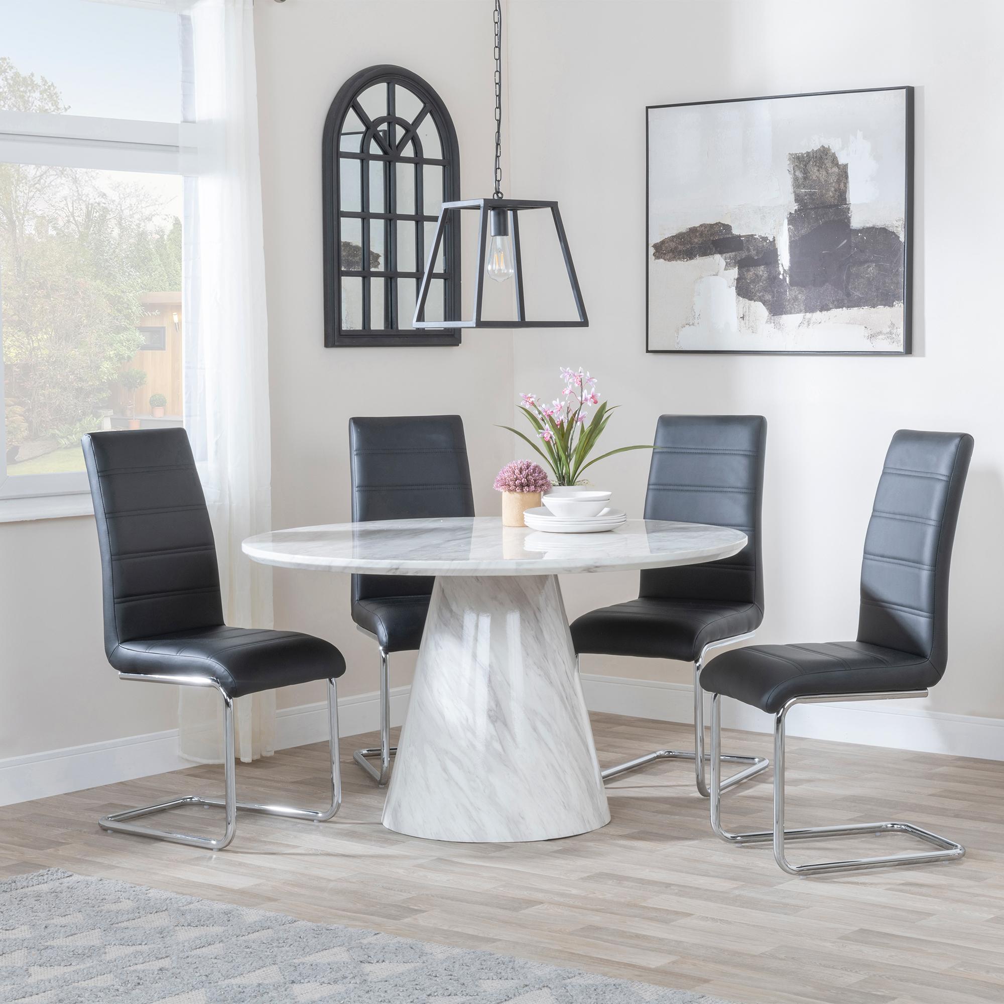 Carrera Dining Set - 4 Seater - 130cm - Round - White Marble - 4x Roma Dining Chairs - Black Faux Leather