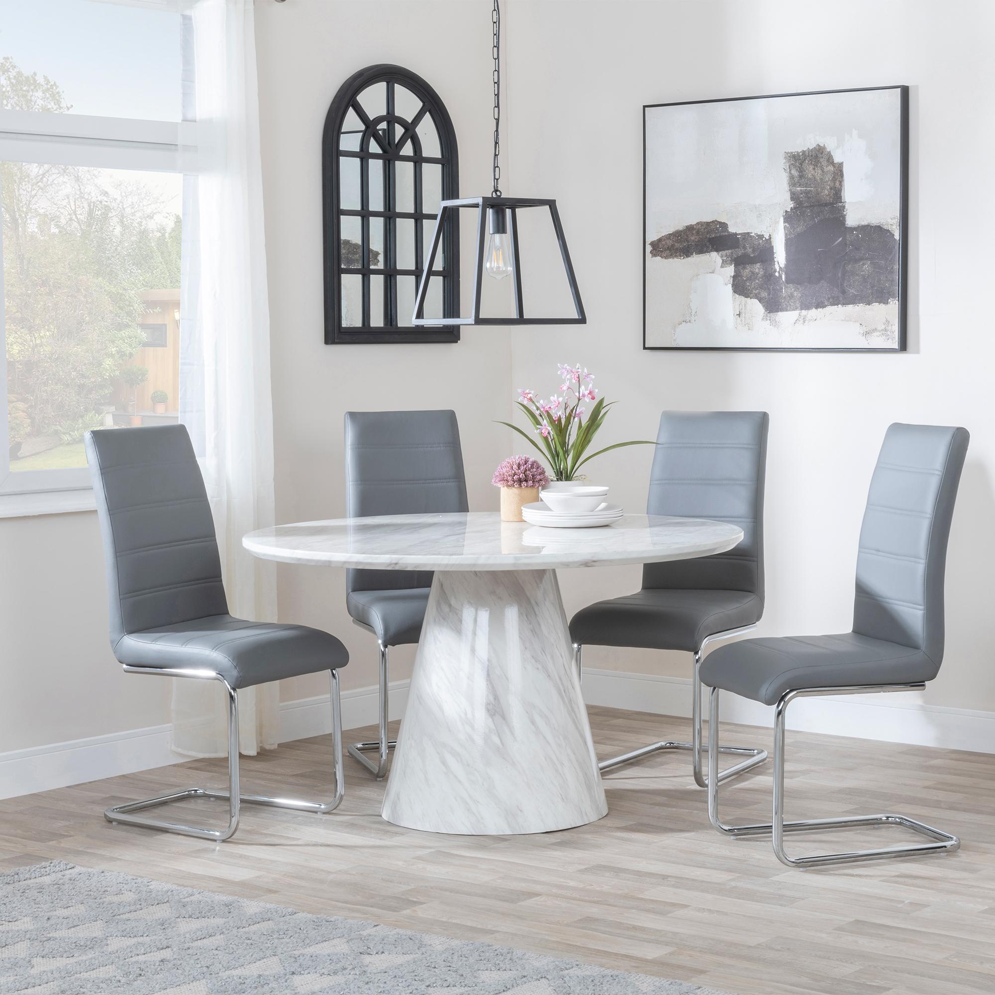 Carrera Dining Set - 4 Seater - 130cm - Round - White Marble - 4x Roma Dining Chairs - Grey Faux Leather