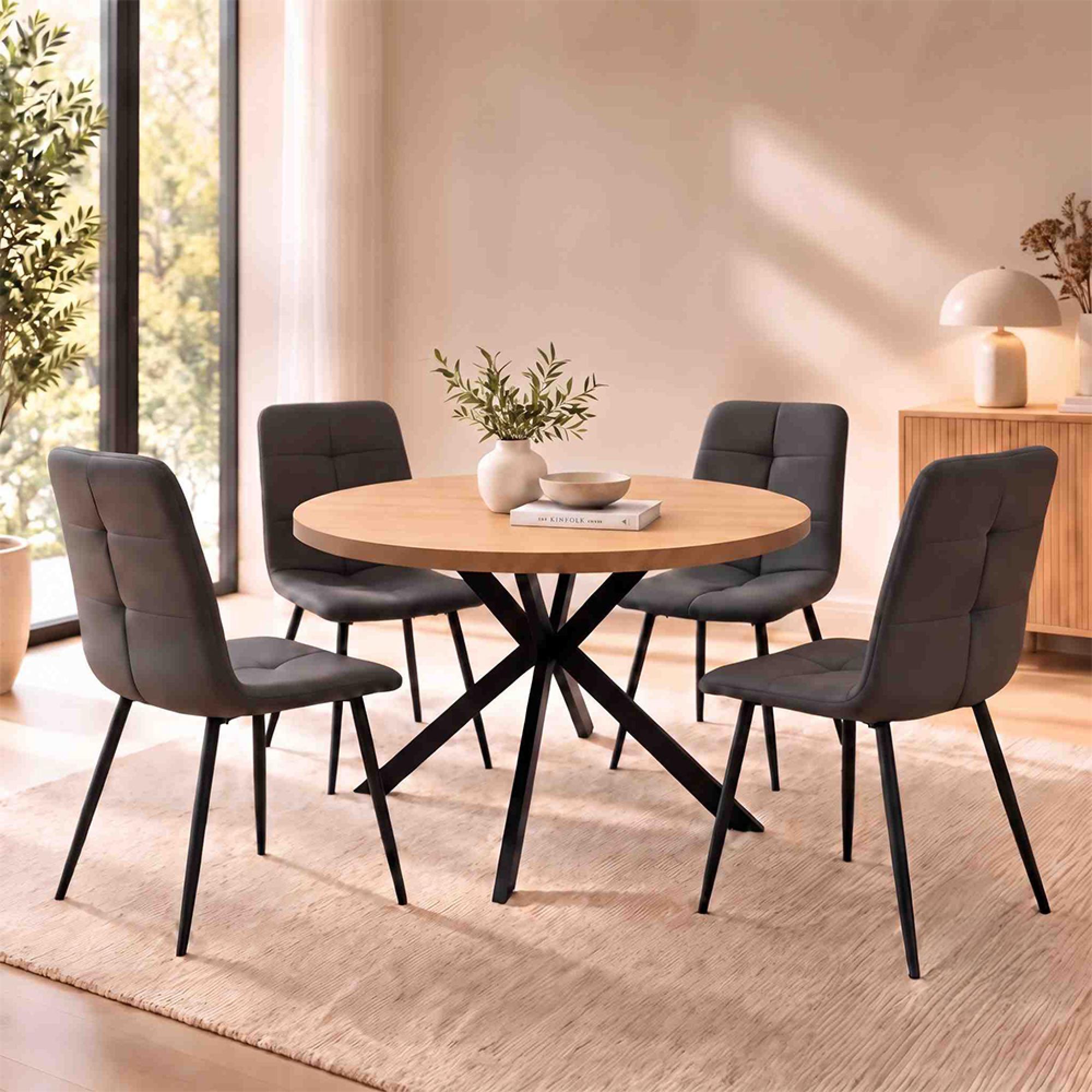 Dalton Light Oak 4 Seater 120cm Round Dining Set with Spider Legs & 4 Chair