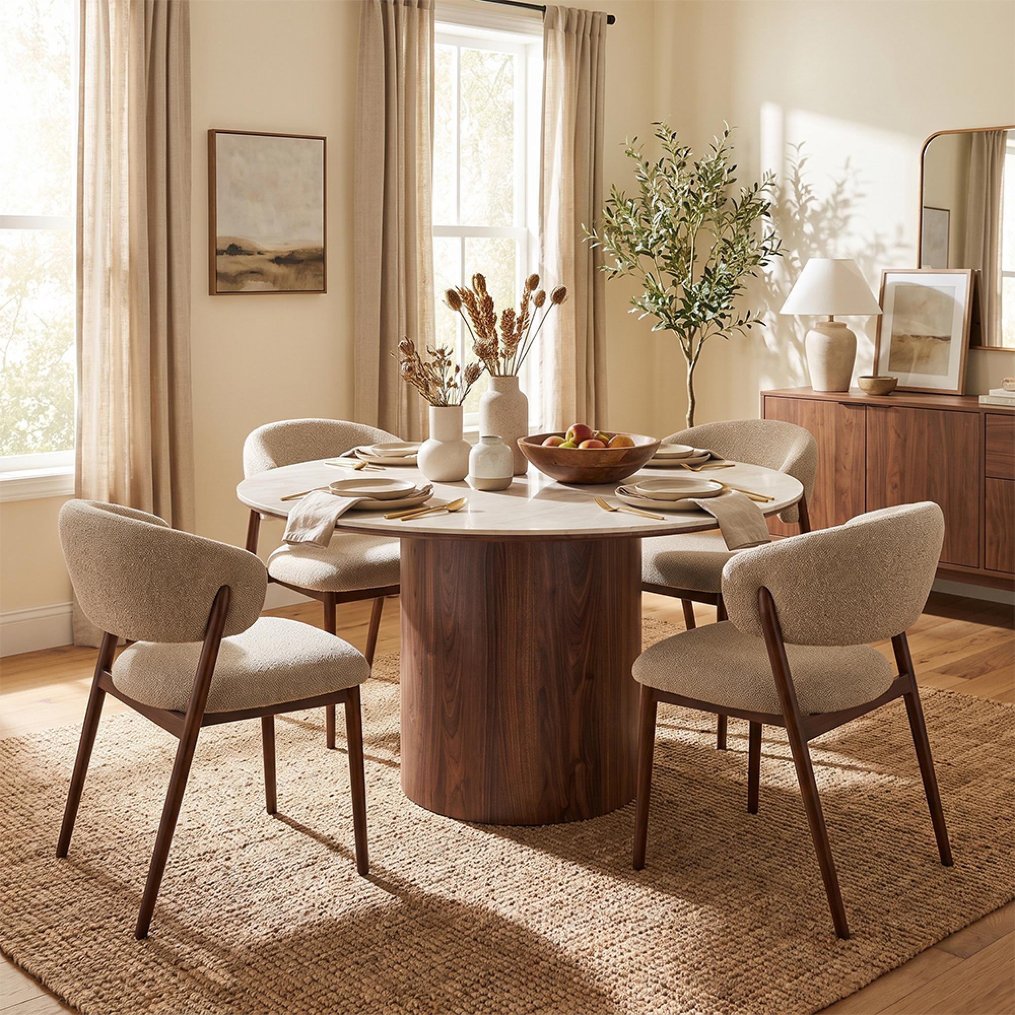 Delphi Dining Set - 140cm - Round - Pedestal Base - Dark Brown - Ceramic and Wooden - 4 Cavi Chairs