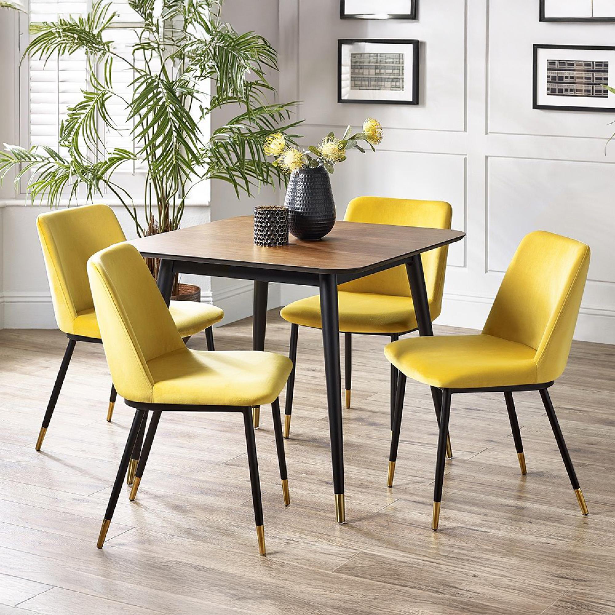Findlay Dining Set - Walnut - 4 Seater - 90cm - Square - 4 Delaunay Yellow Chairs